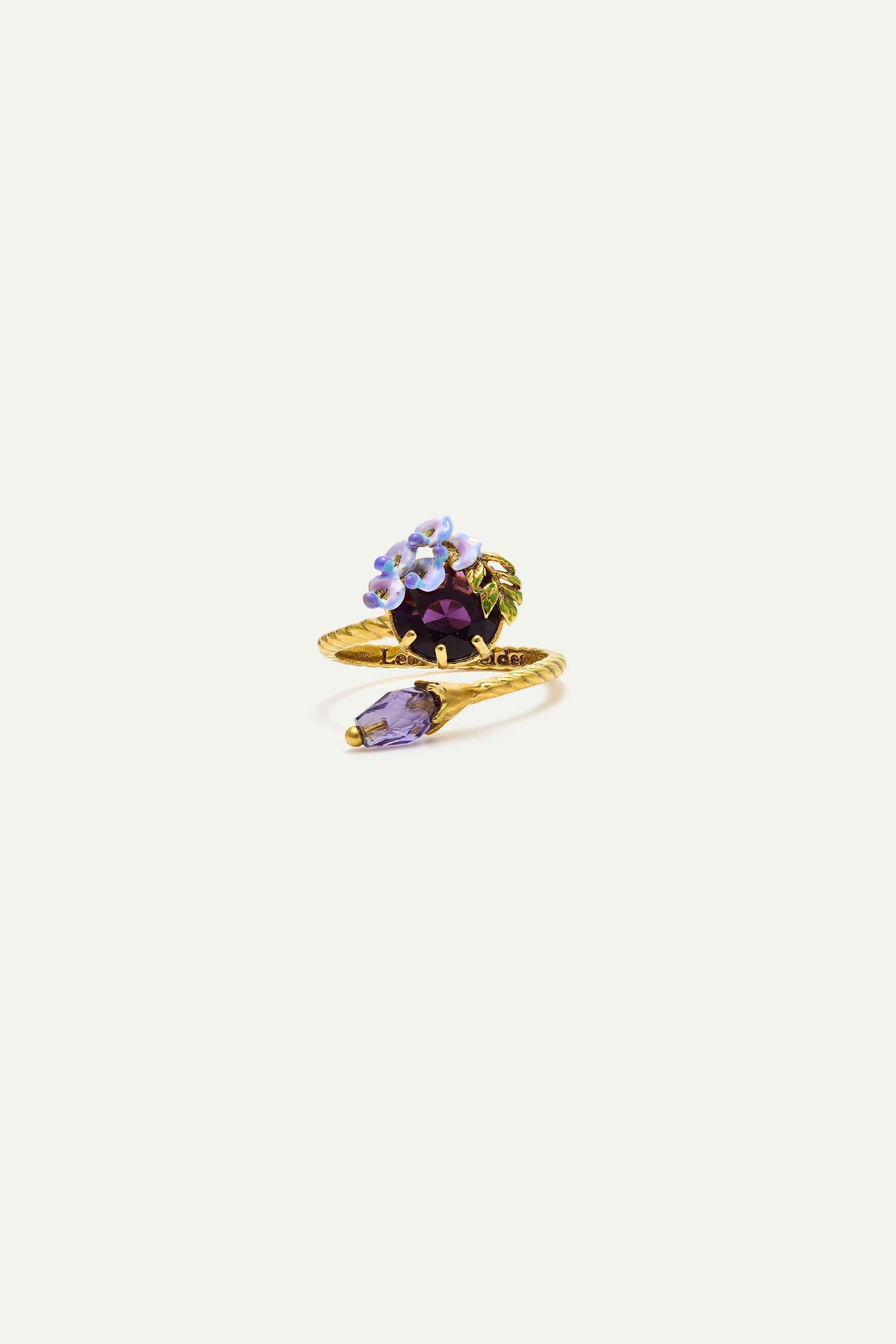 Bague ajustable pierre ronde, glycines et cristal violet