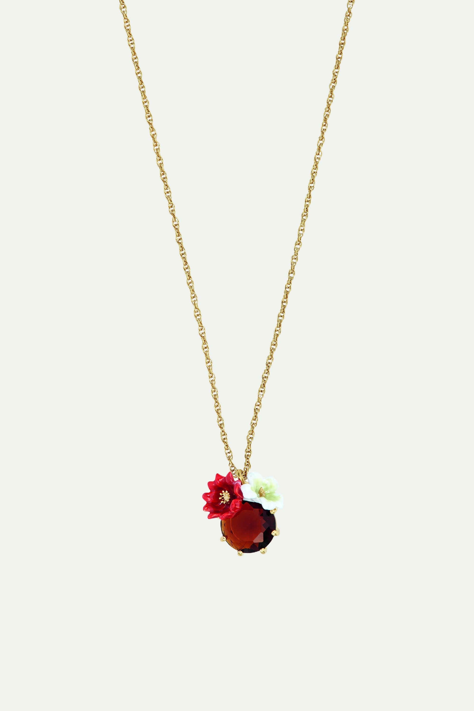 Two flowers and faceted glass pendant necklace
