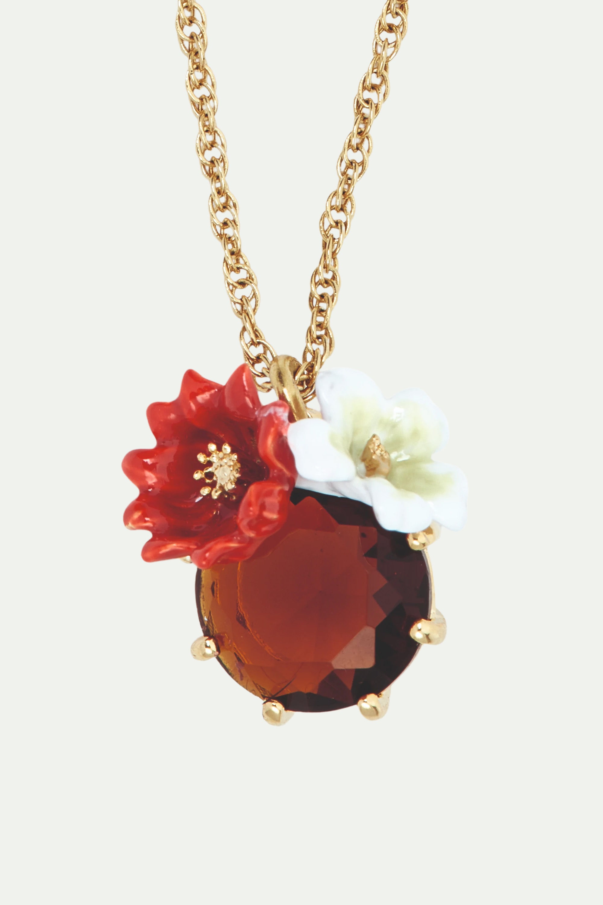 Two flowers and faceted glass pendant necklace