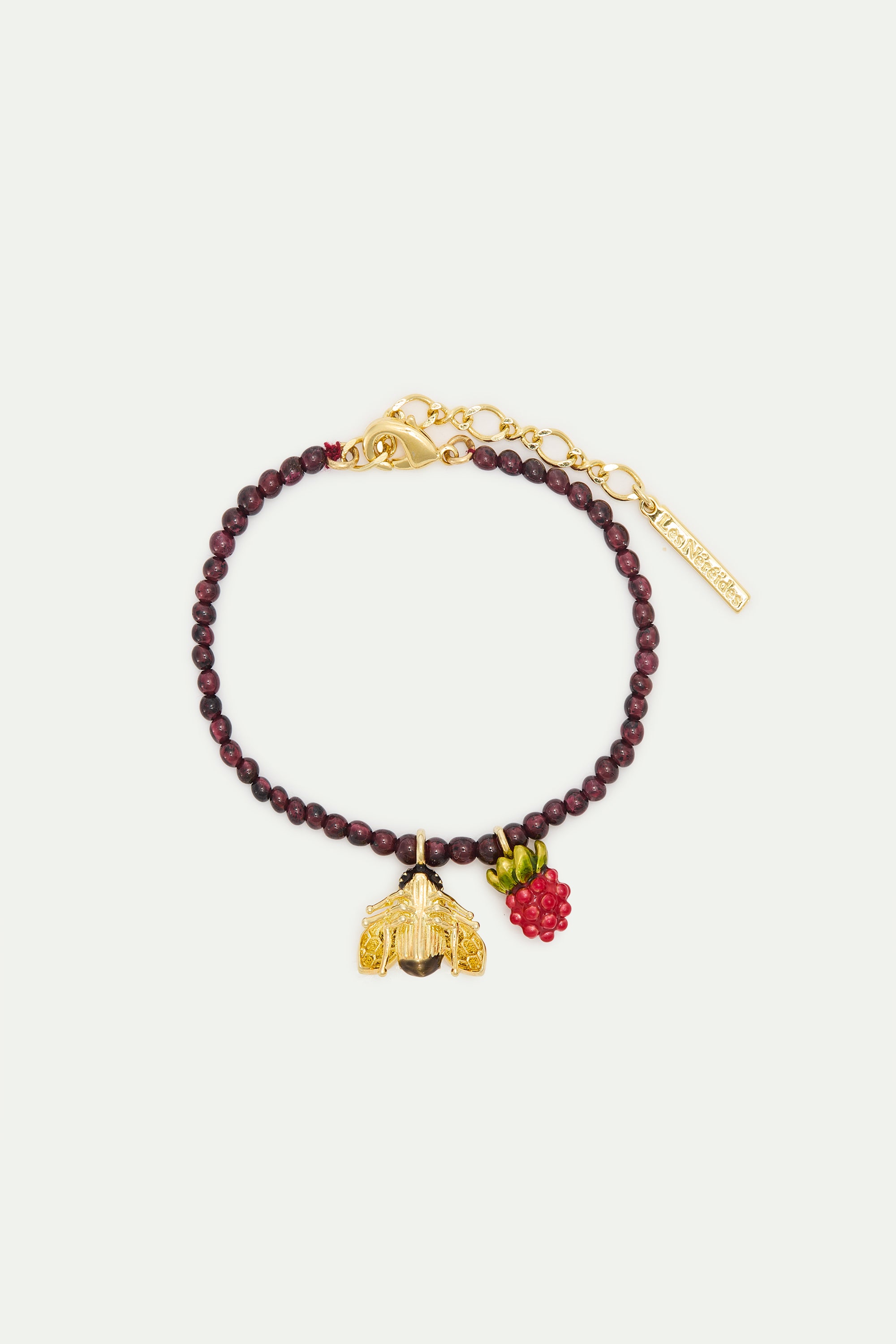 Pulsera perlas de granate reconstituido, abeja y frambuesa