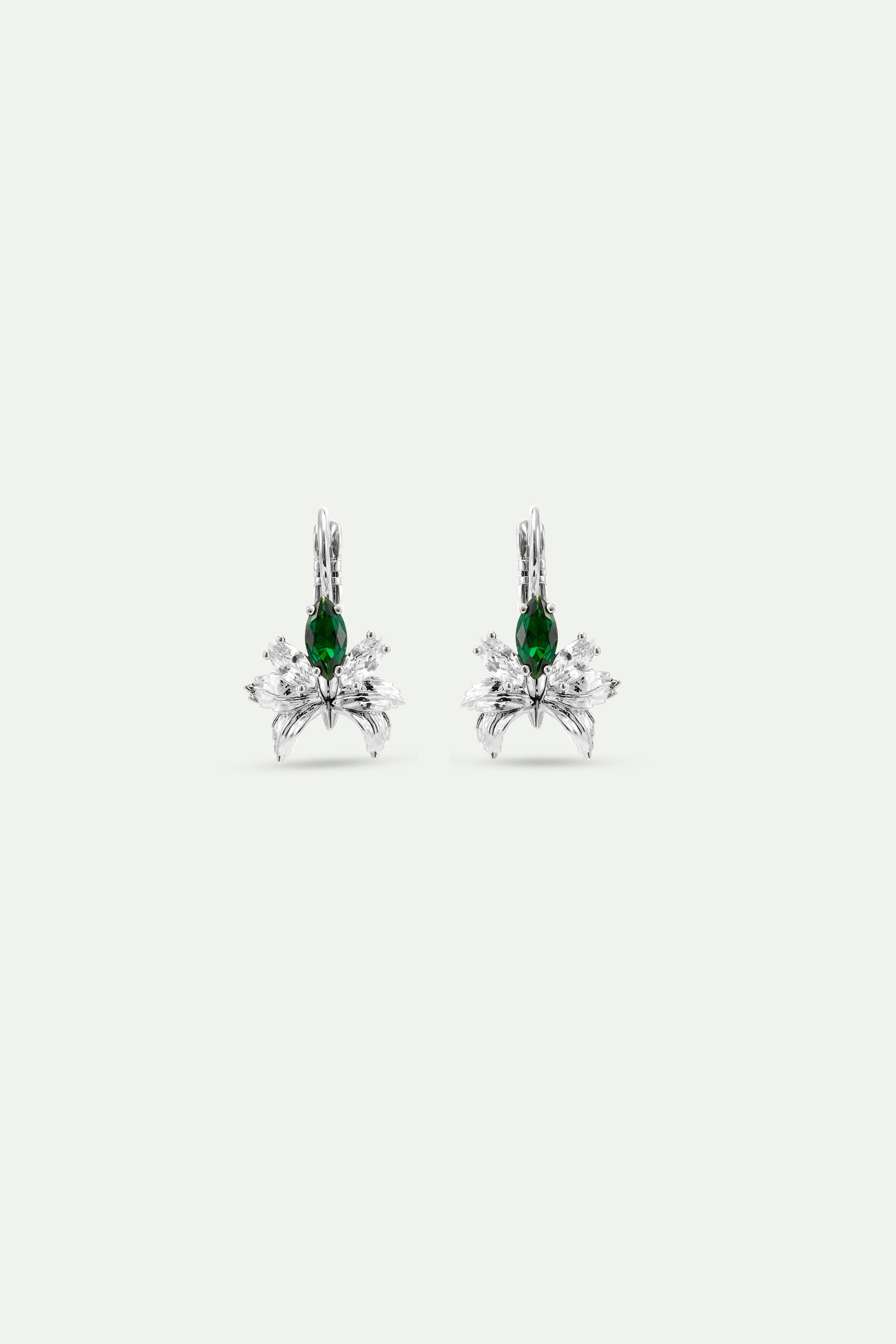Silver sleeper earrings with orchids, white and green stones