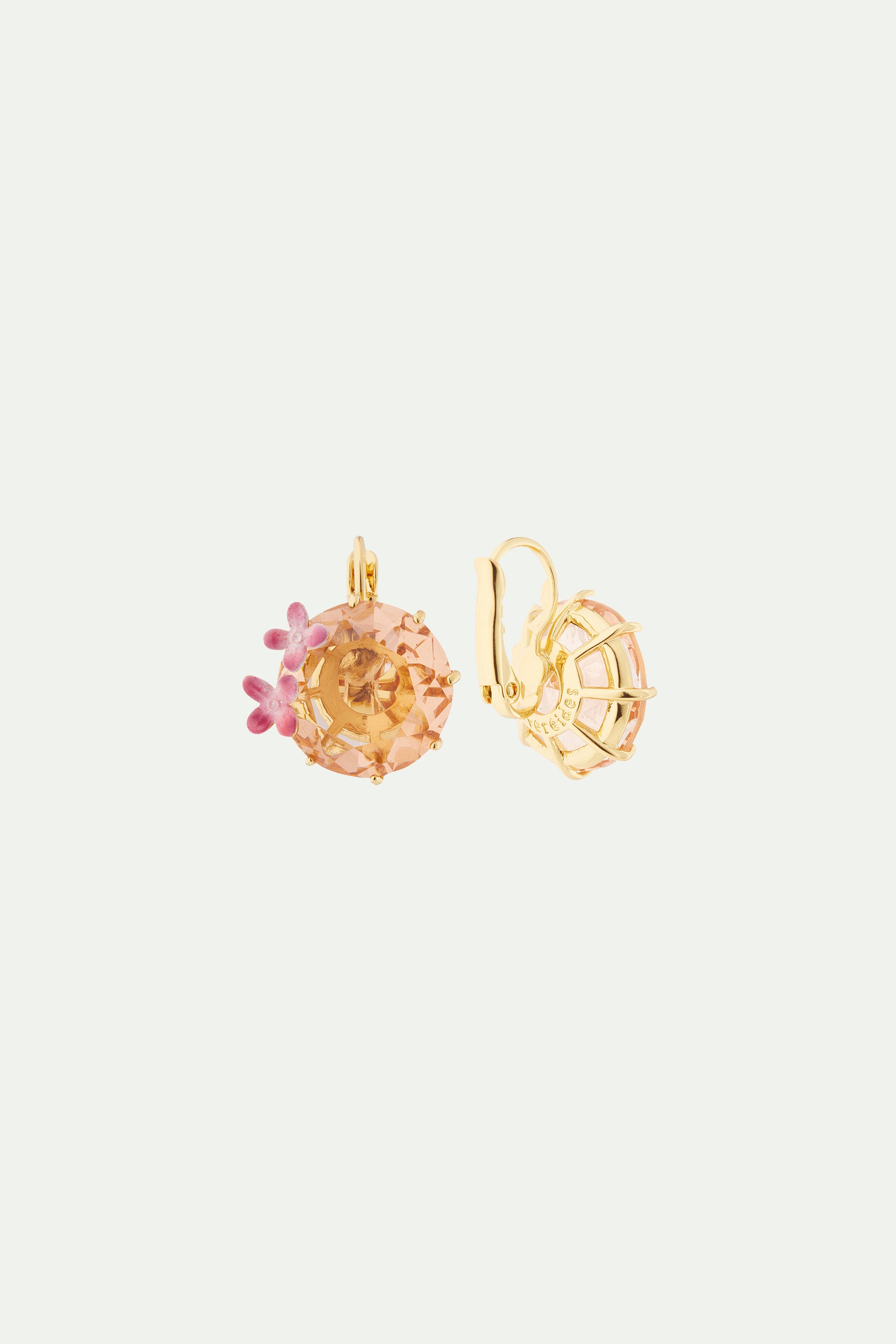 Apricot pink diamantine flower and round stone sleeper earrings