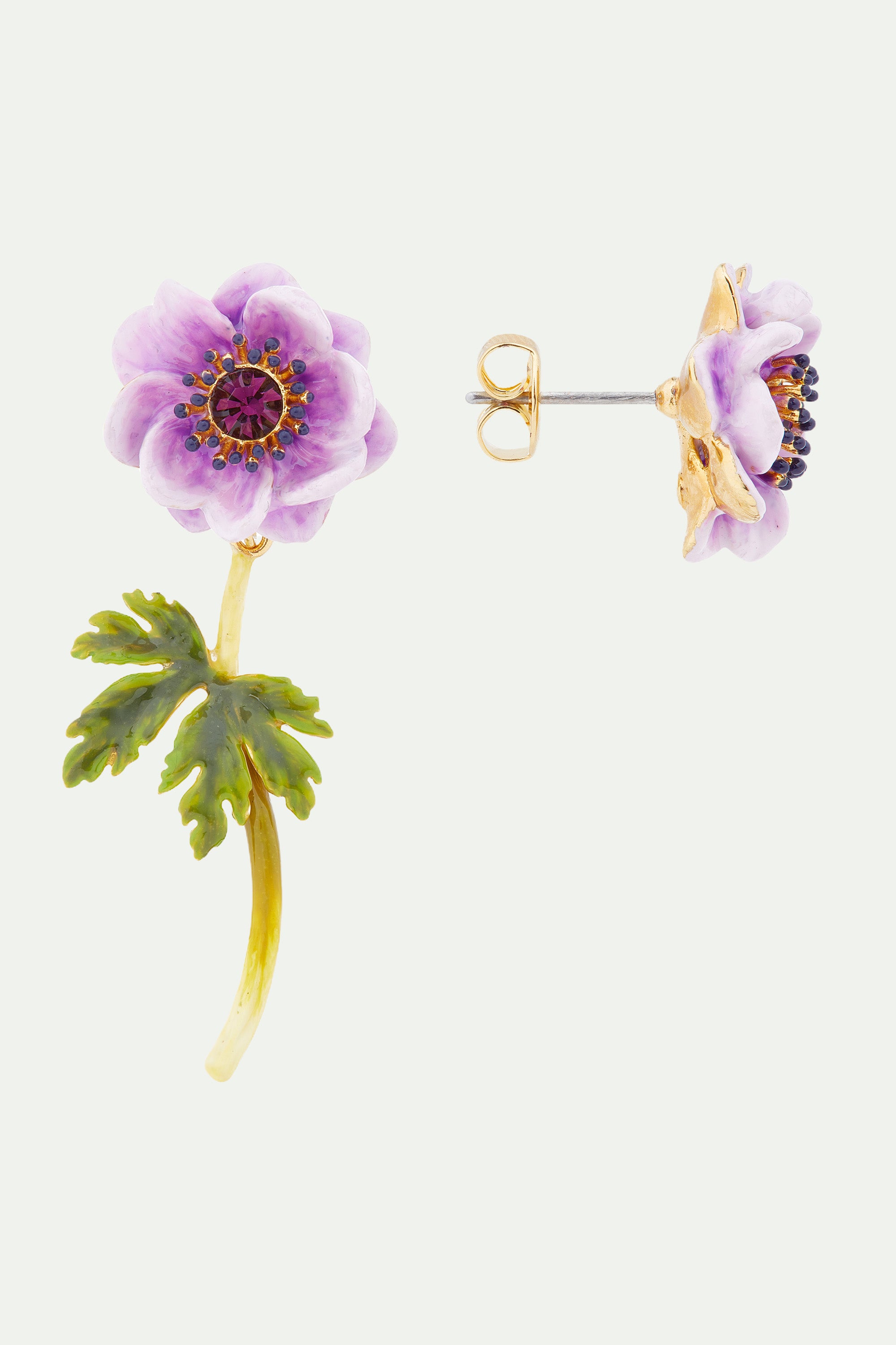 Purple anemone asymmetrical post earrings