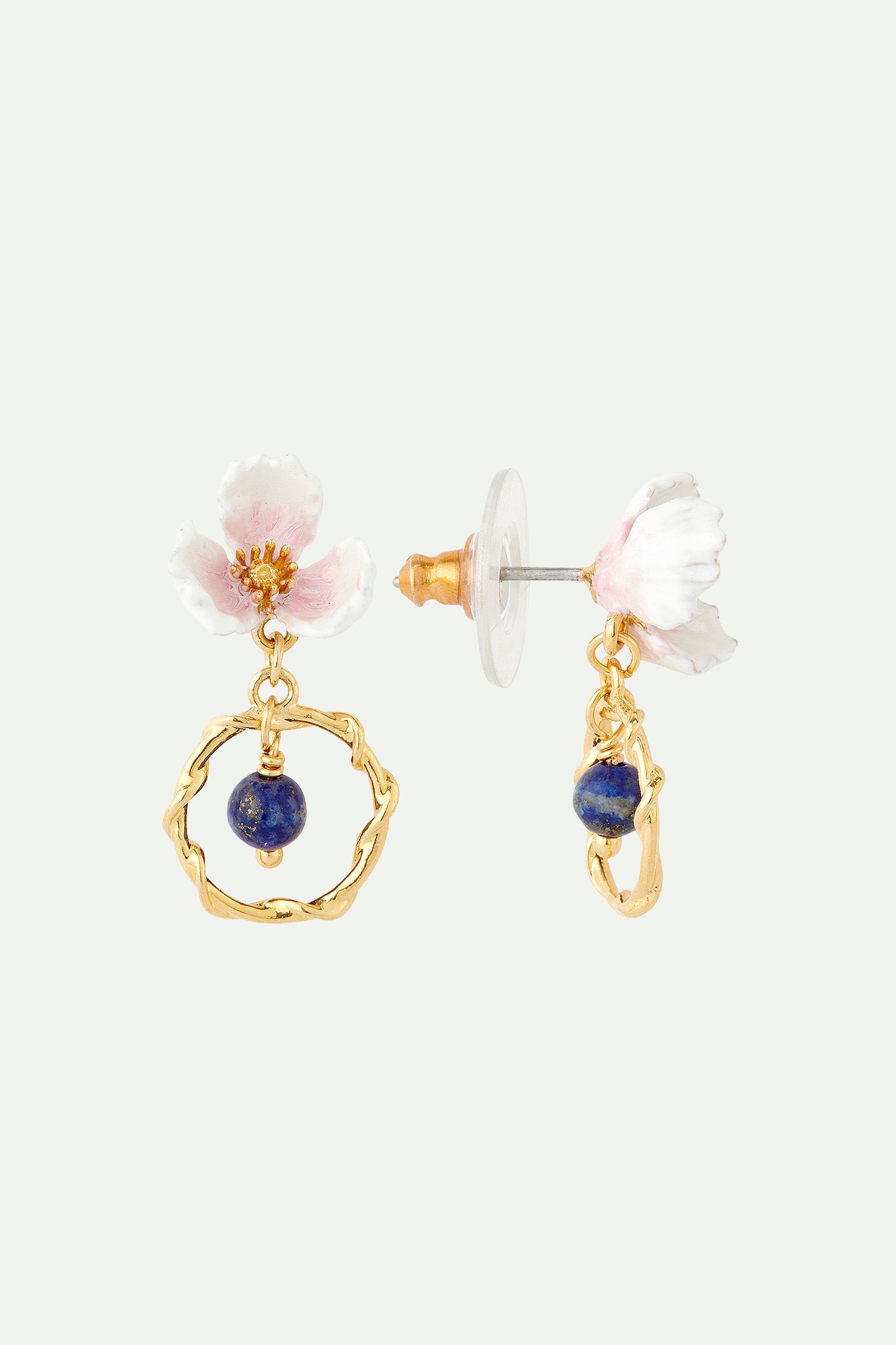Boucles d'oreilles créoles fleur blanche et lapis-lazuli