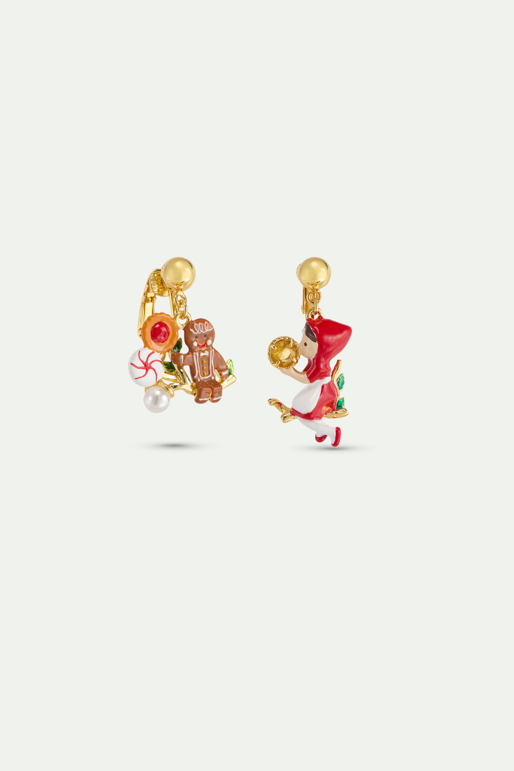 Boucles d'oreilles asymétriques bonhomme pain d'épice et bonbons, Petit Chaperon Rouge et verre facetté