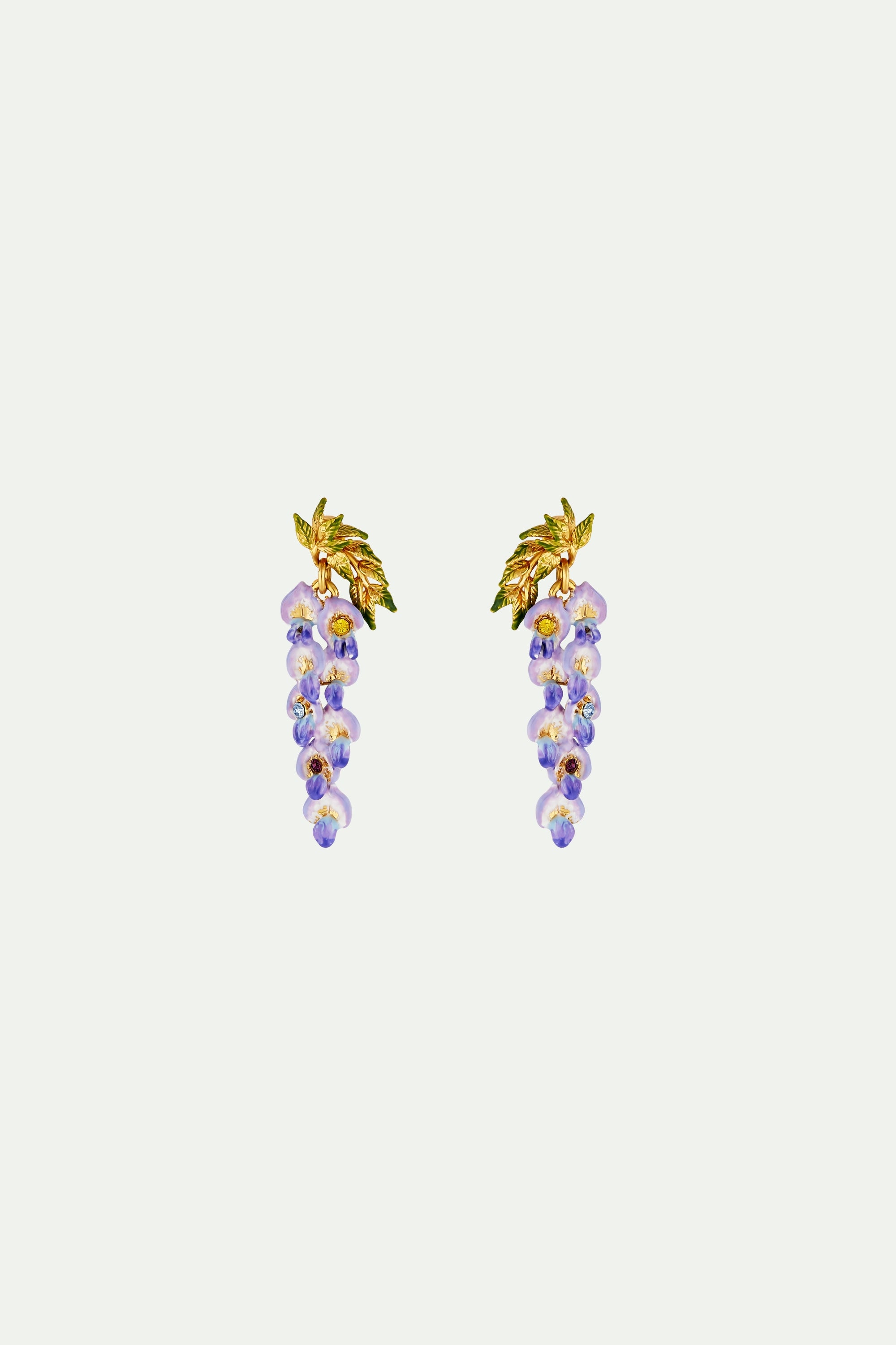 Boucles d'oreilles pendantes tiges fleur de glycine et feuillage