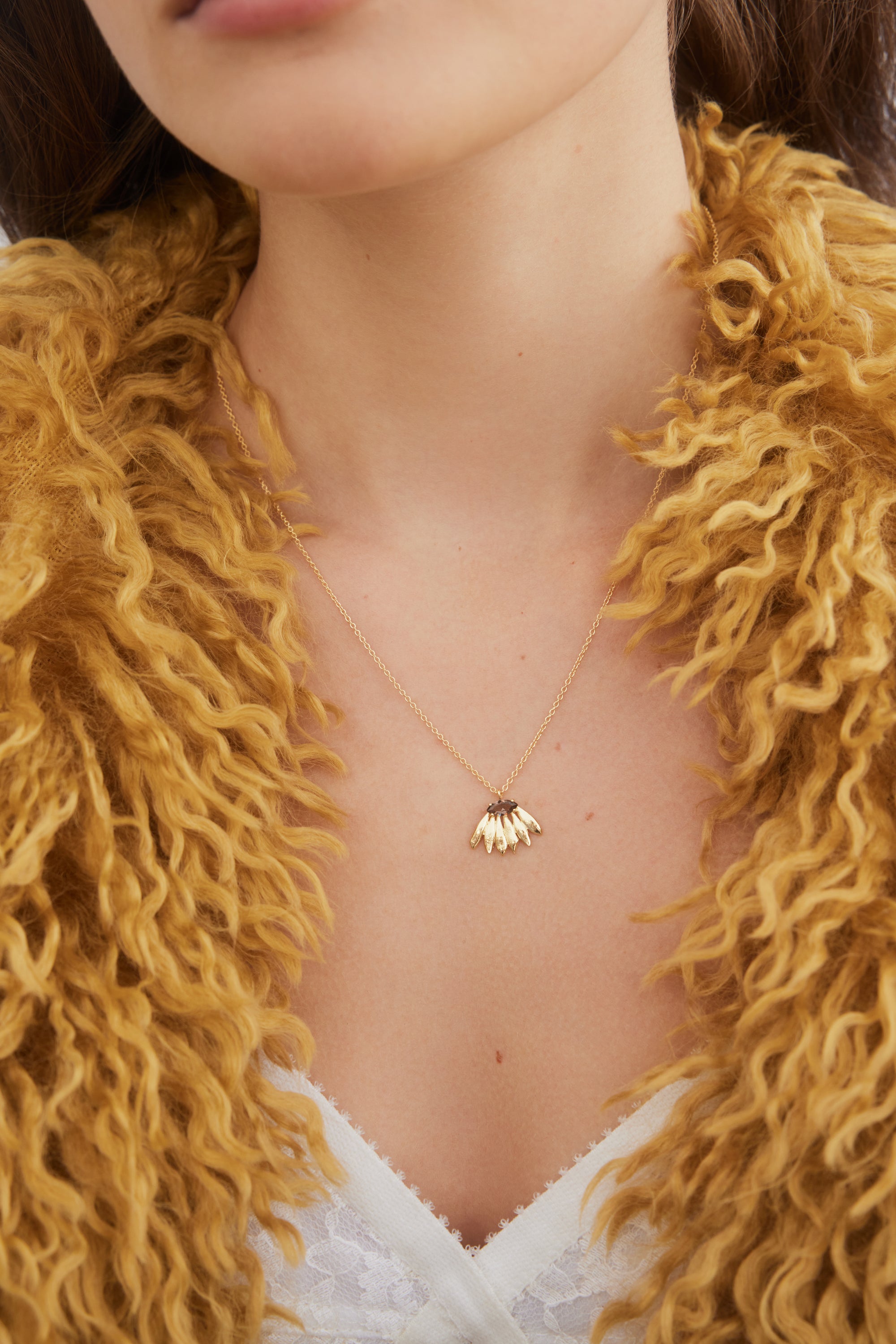 Golden sunflower and purple stone pendant necklace