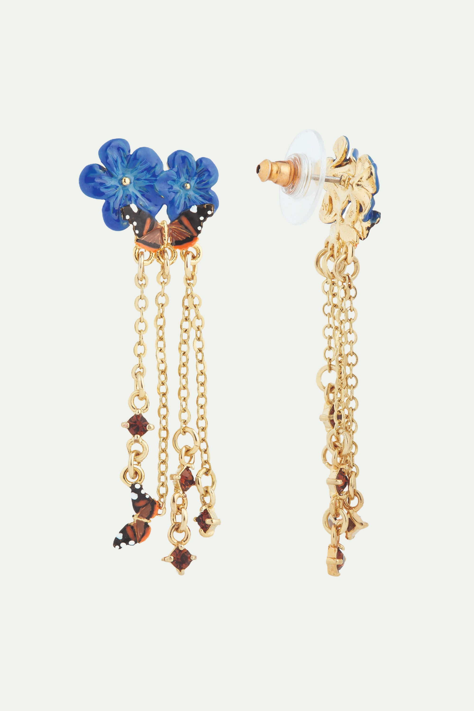 Blue flax flowers and butterfly dangling earrings