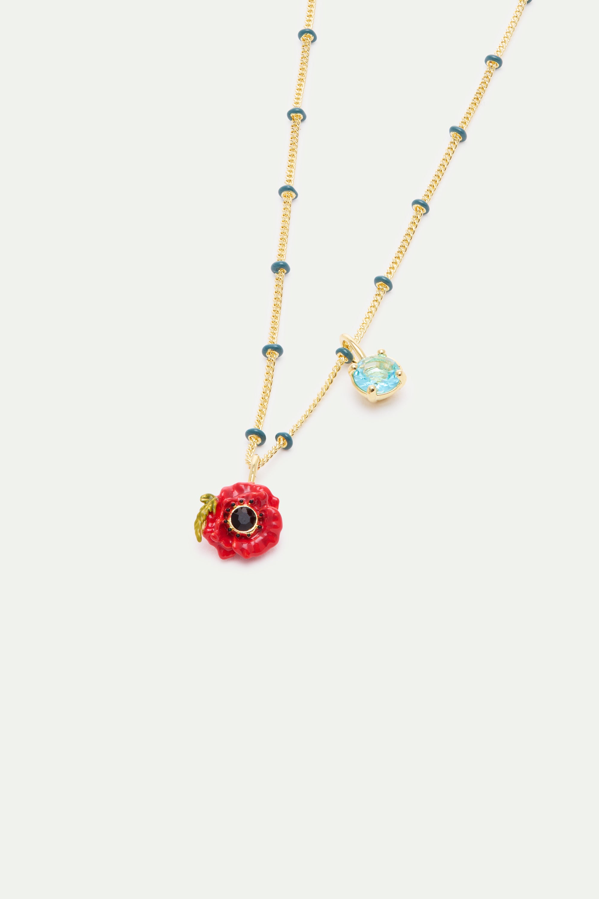 Collier pendentif coquelicot rouge et pierre ronde bleue