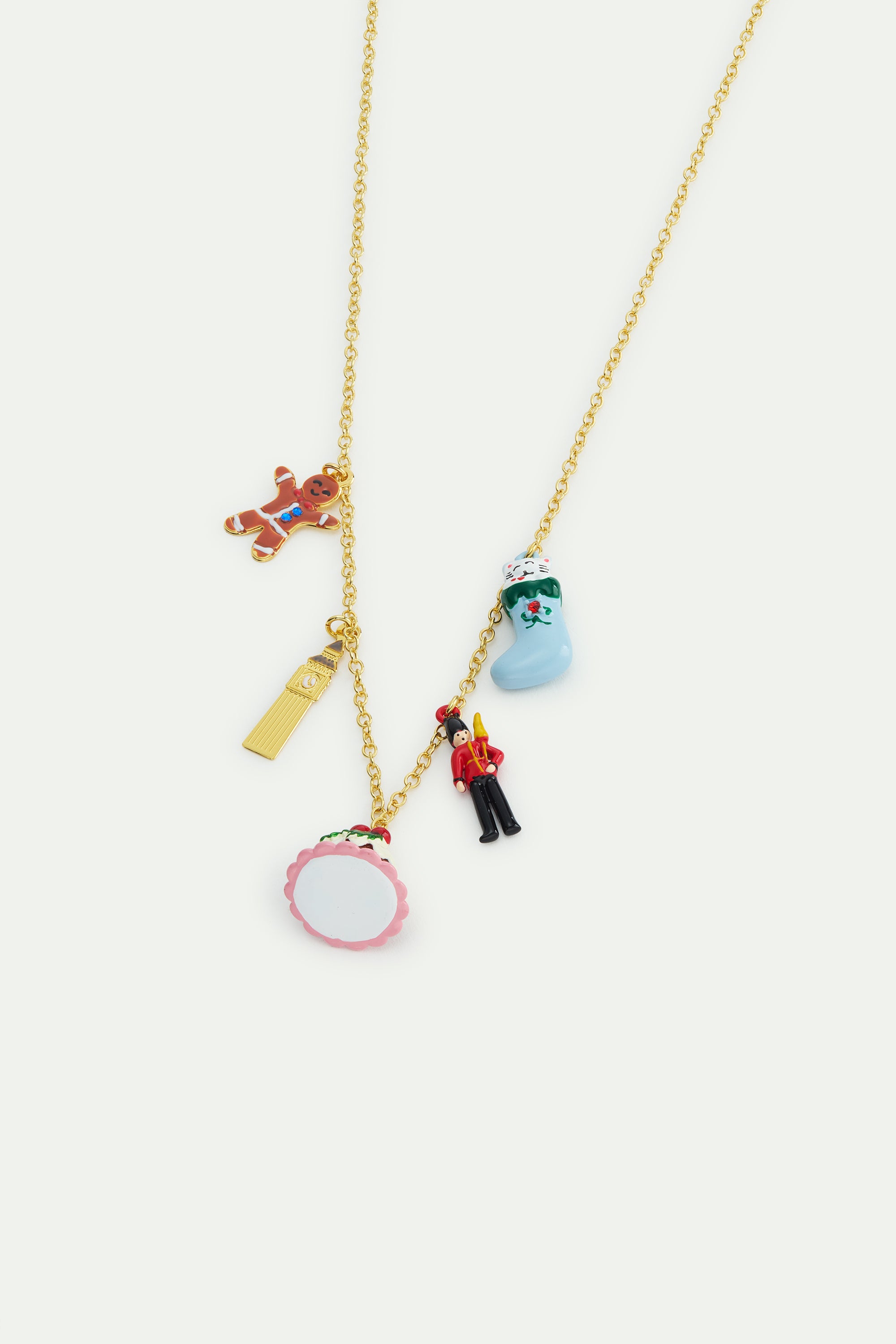 Christmas stocking, king's guard, christmas pudding, Big Ben and gingerbread man charm necklace