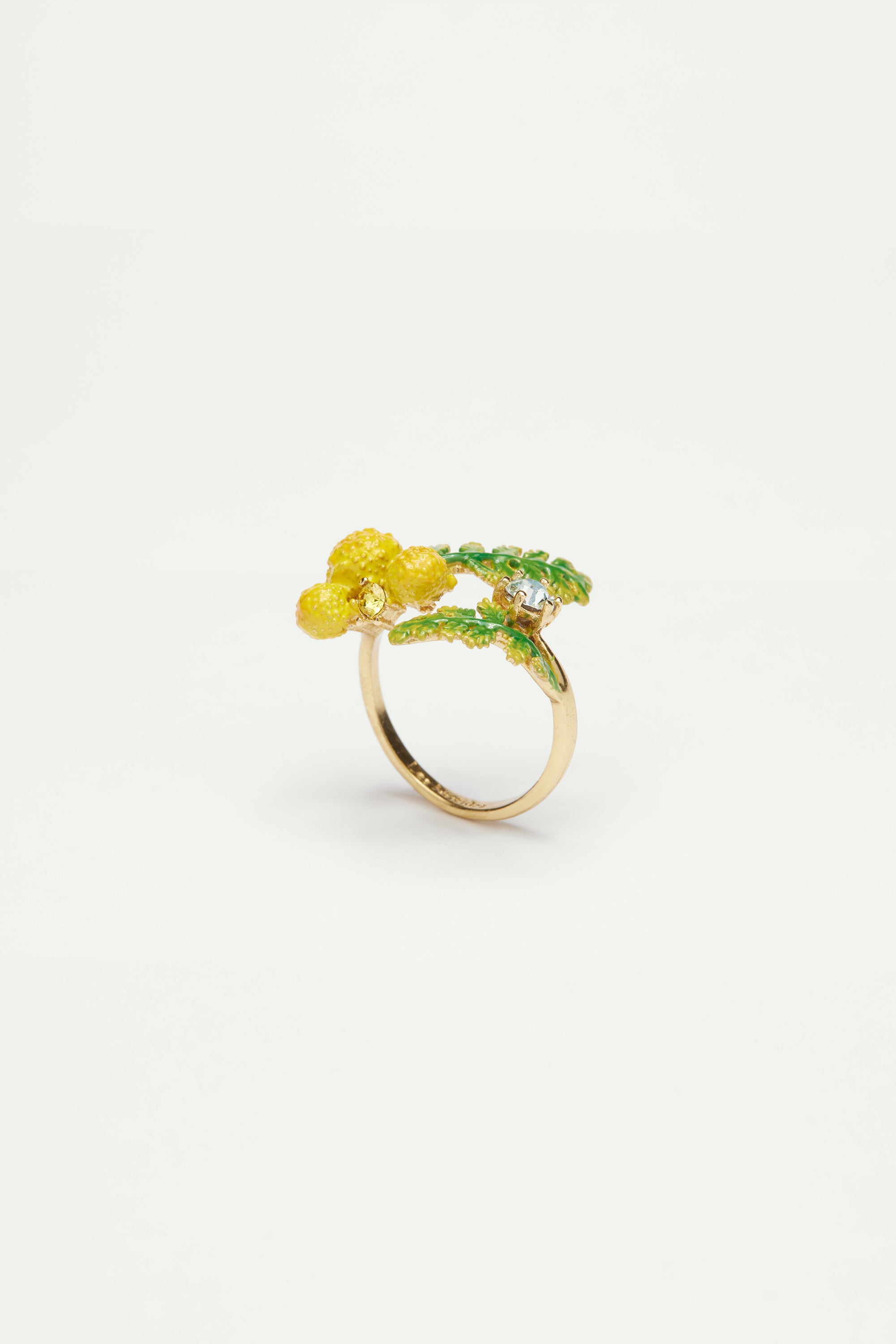 Bague ajustable double fougères et fleurs de mimosa