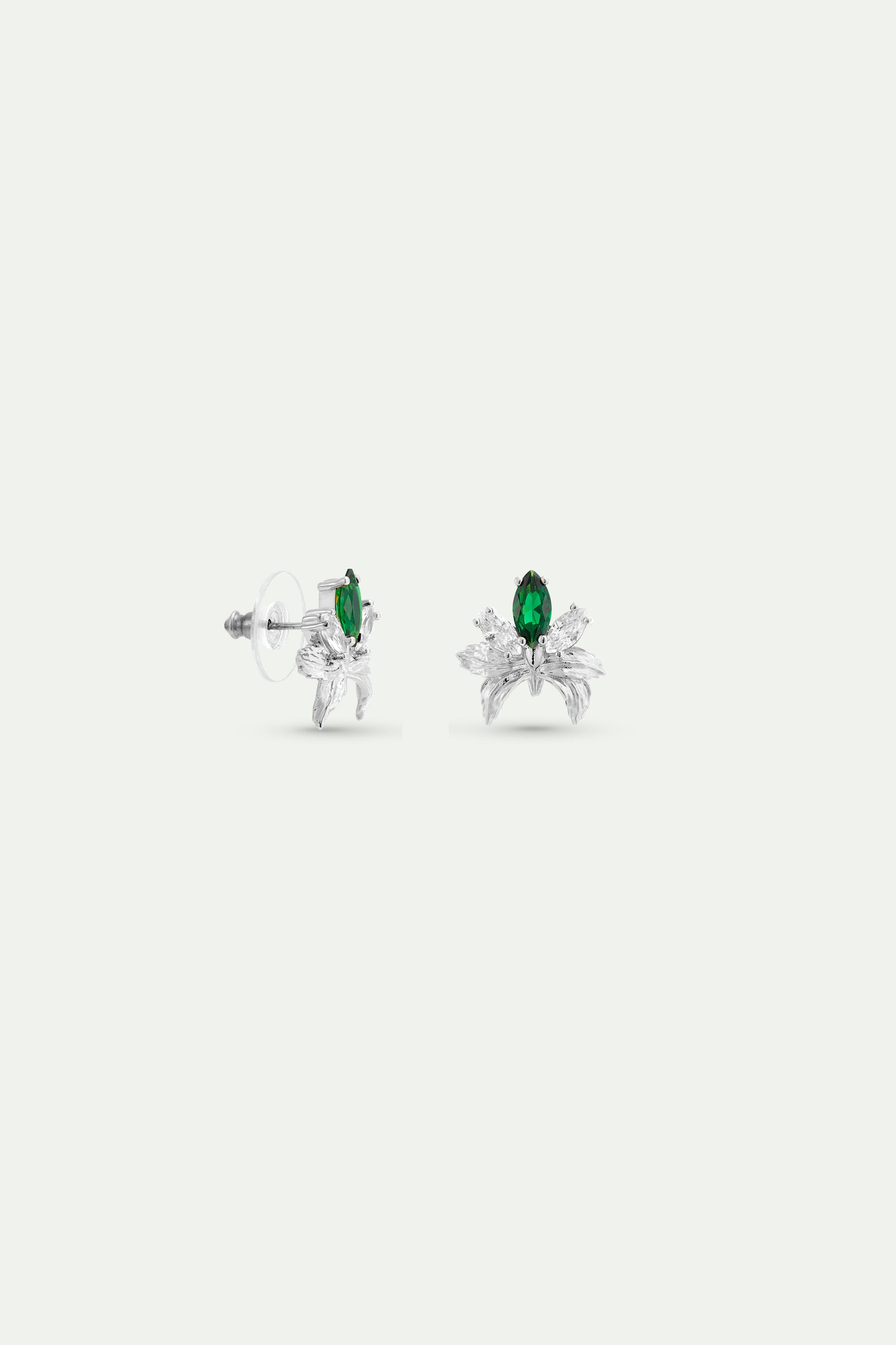 Silver clip-on earrings with orchids, white and green stones
