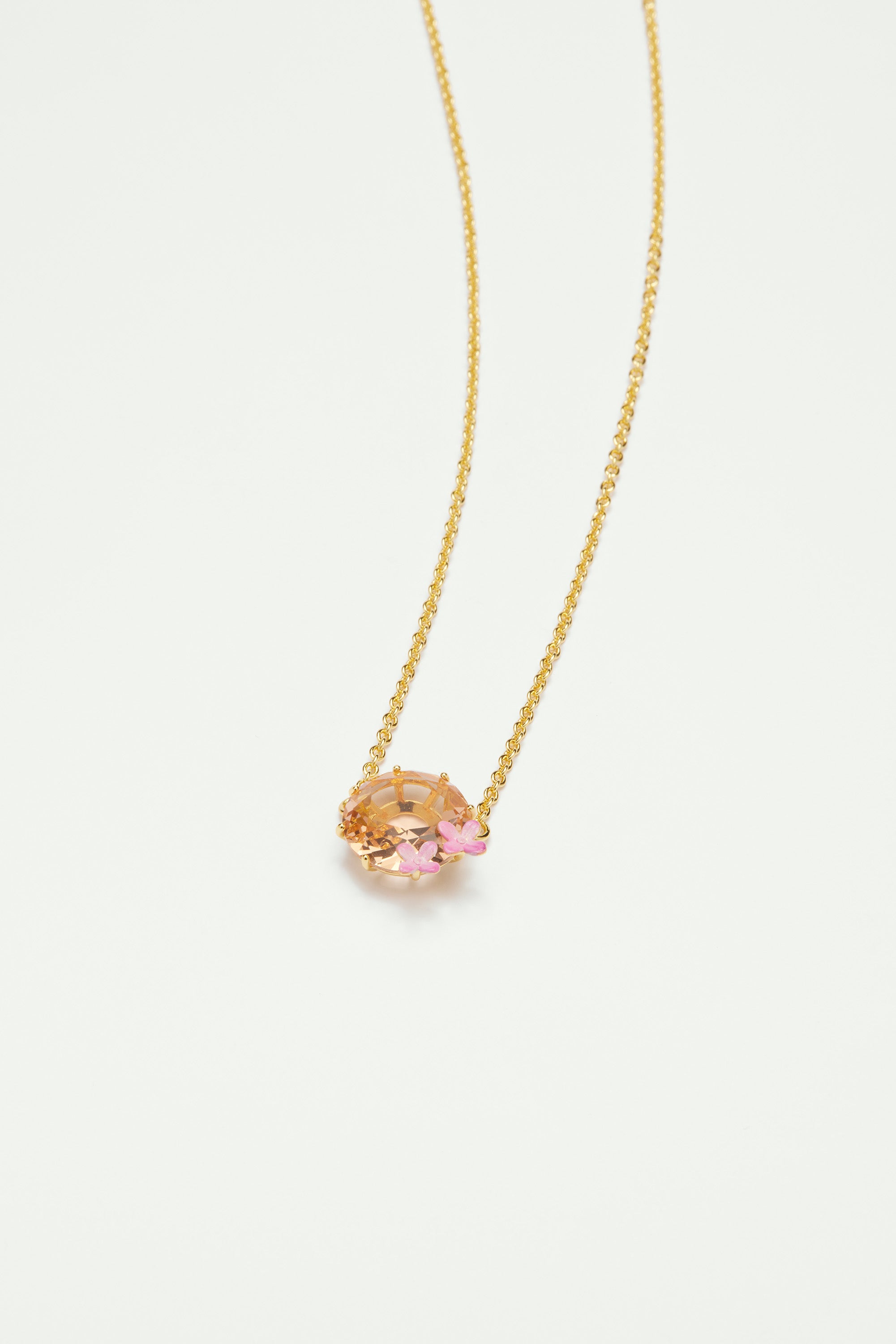 Collier fin pierre ronde et fleurs la diamantine rose abricot
