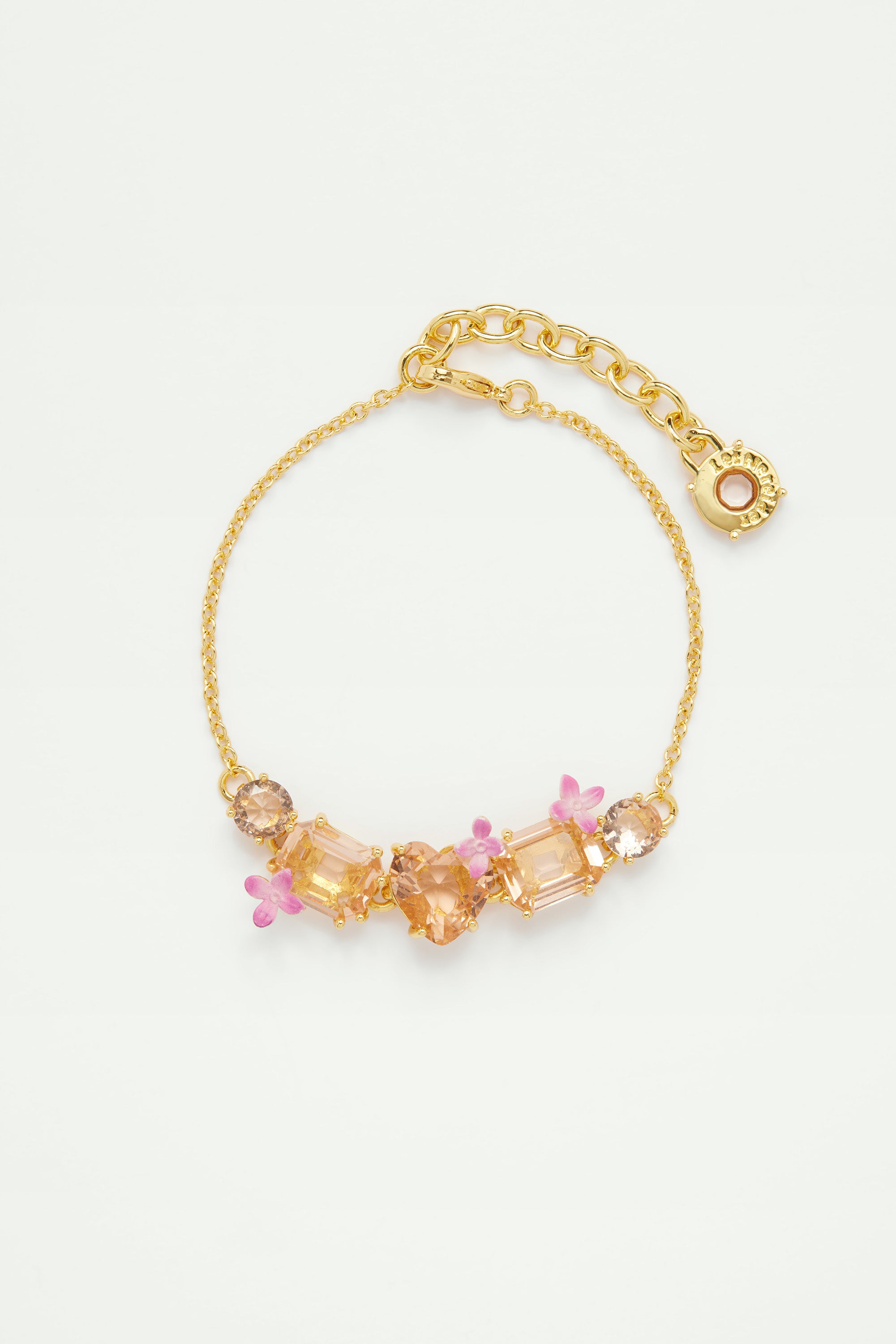 Apricot pink diamantine 5 stone and flower fine bracelet