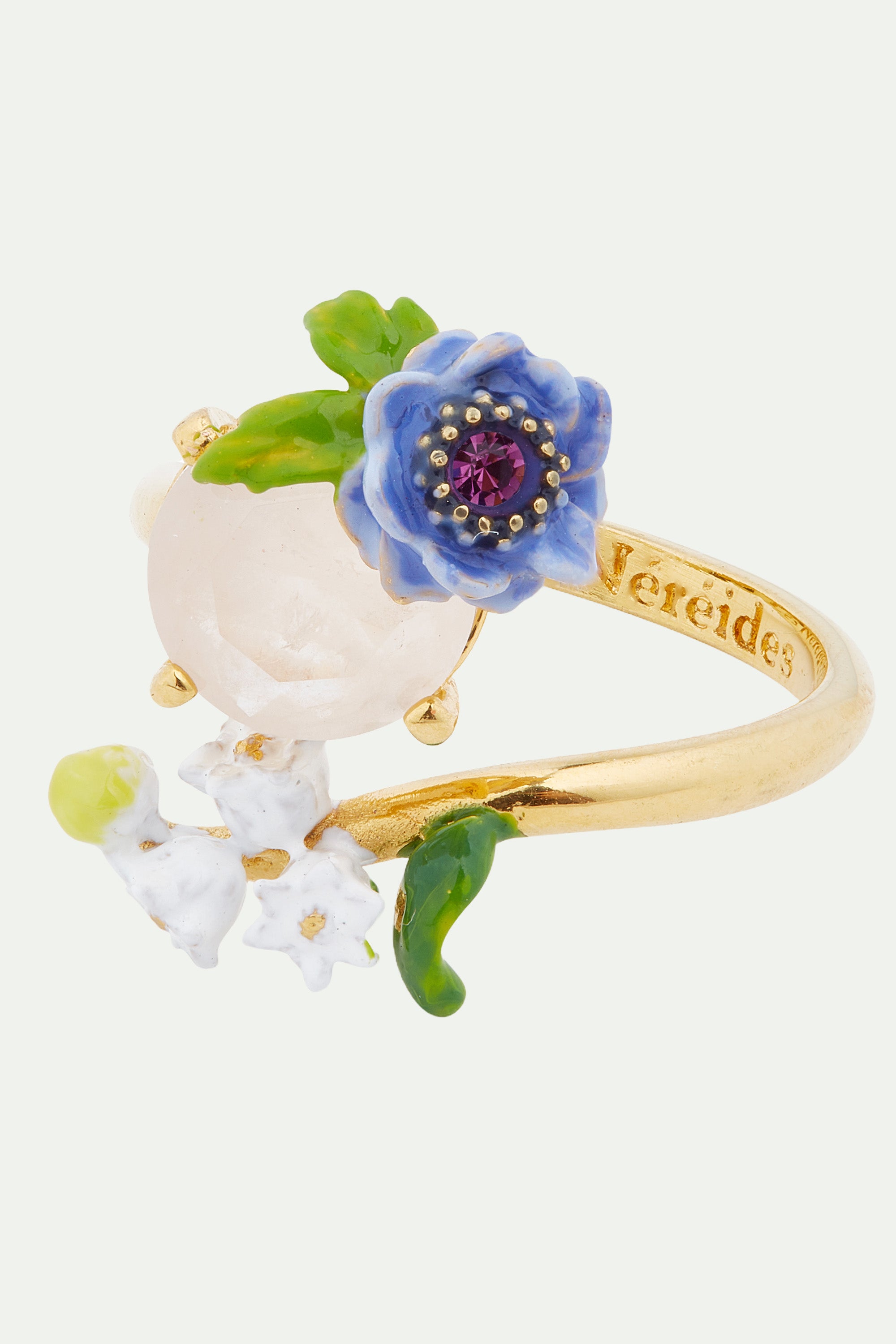 Rose quartz and floral composition adjustable ring