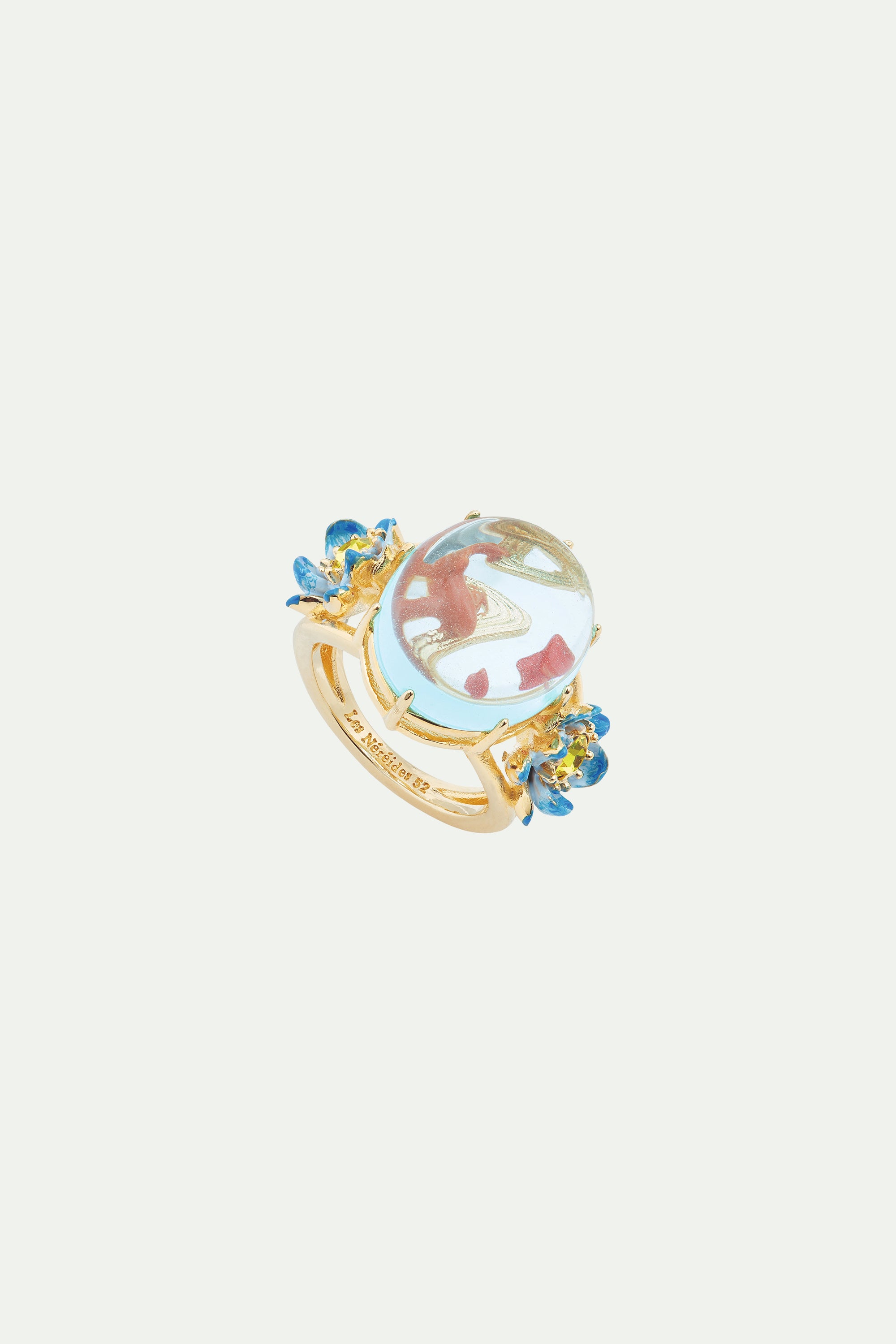 Glass oval, koi fish and blue lotus cocktail ring