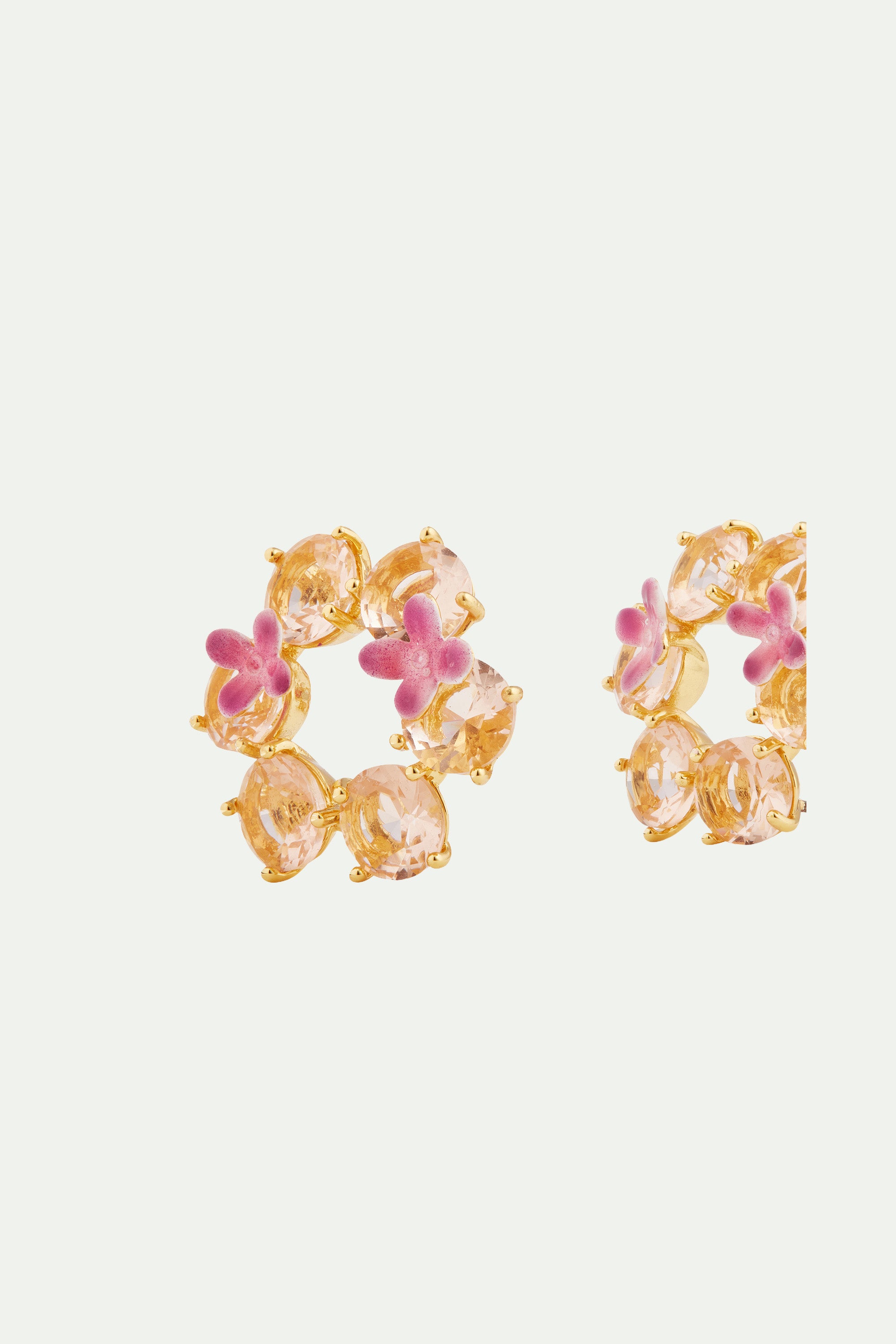 Apricot pink diamantine flower and 6 round stone post earrings