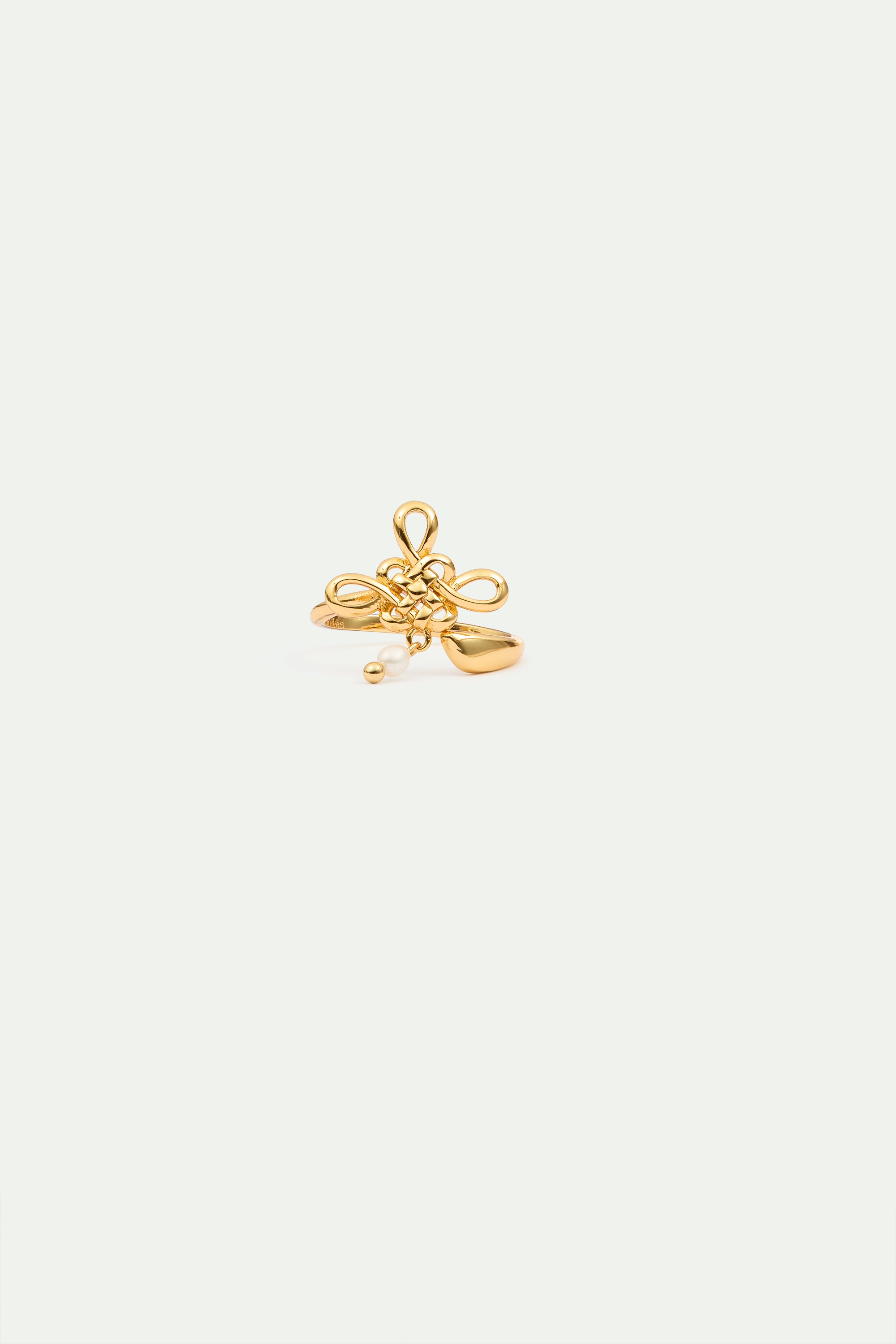 Bague ajustable nœud doré et perle de culture