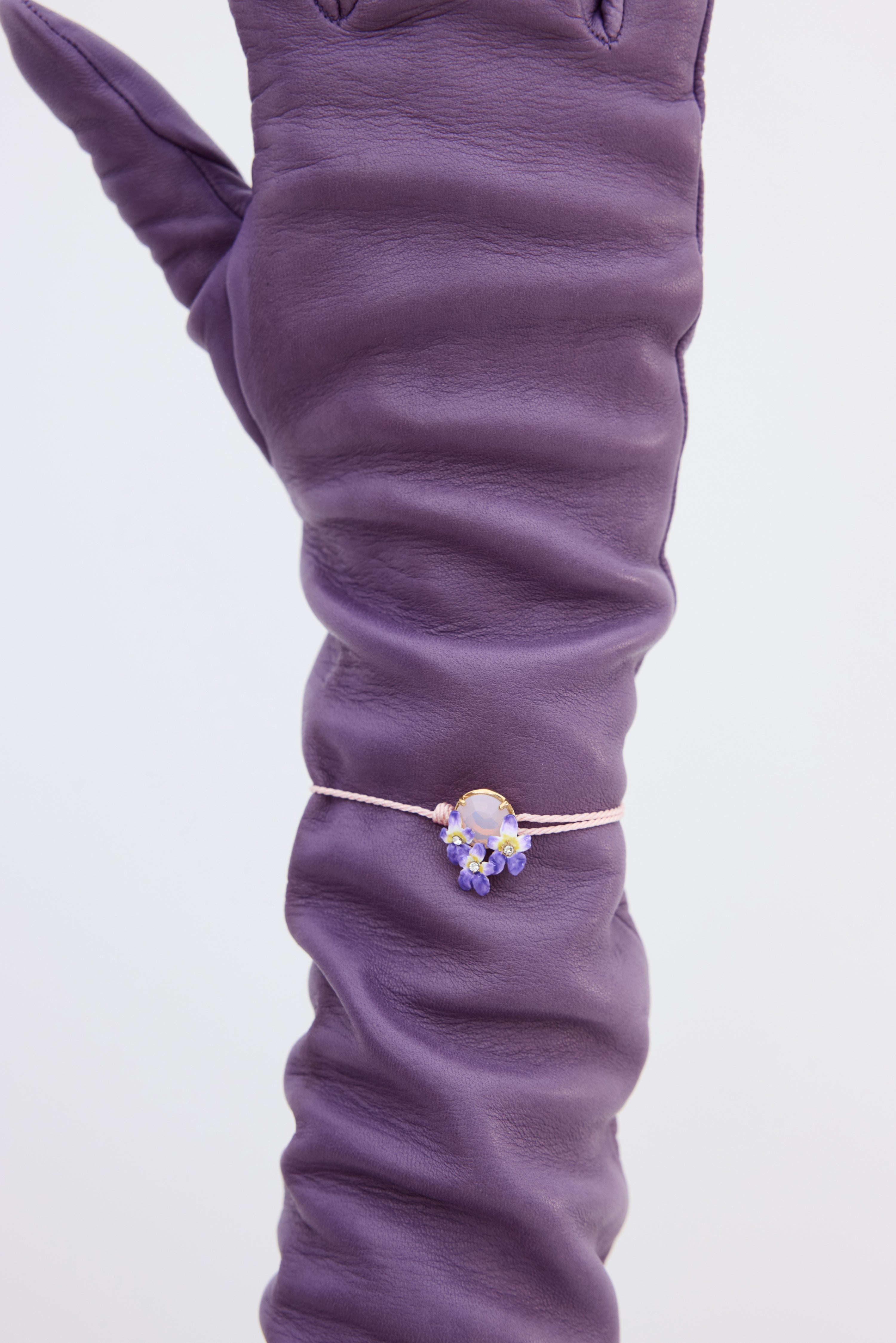 Bracelet cordon pierre ronde facettée rose et violettes