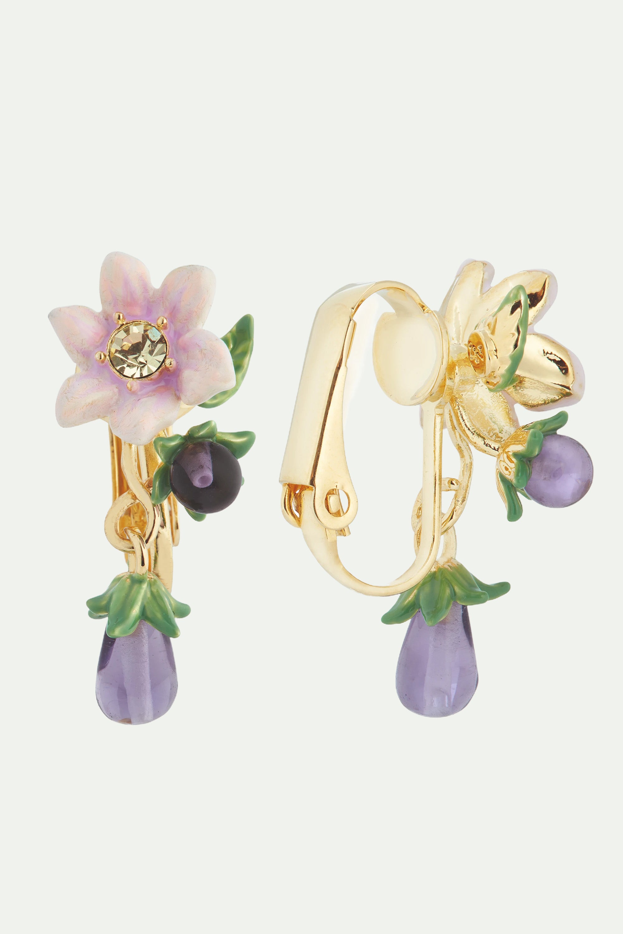 Boucles d'oreilles pendantes tiges aubergines et fleur