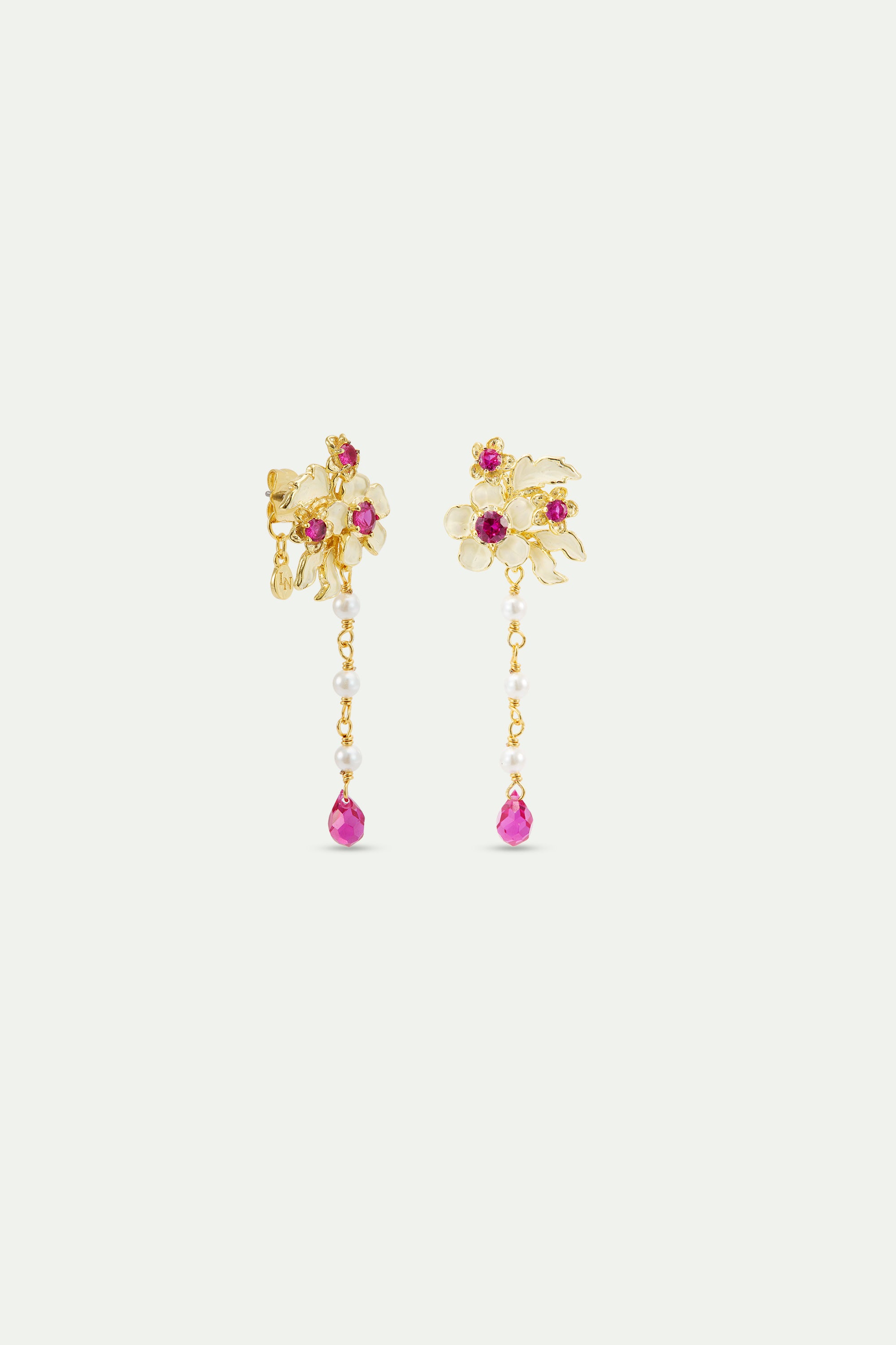Boucles d'oreilles pendantes anémones dorées, cristaux roses et perles de culture