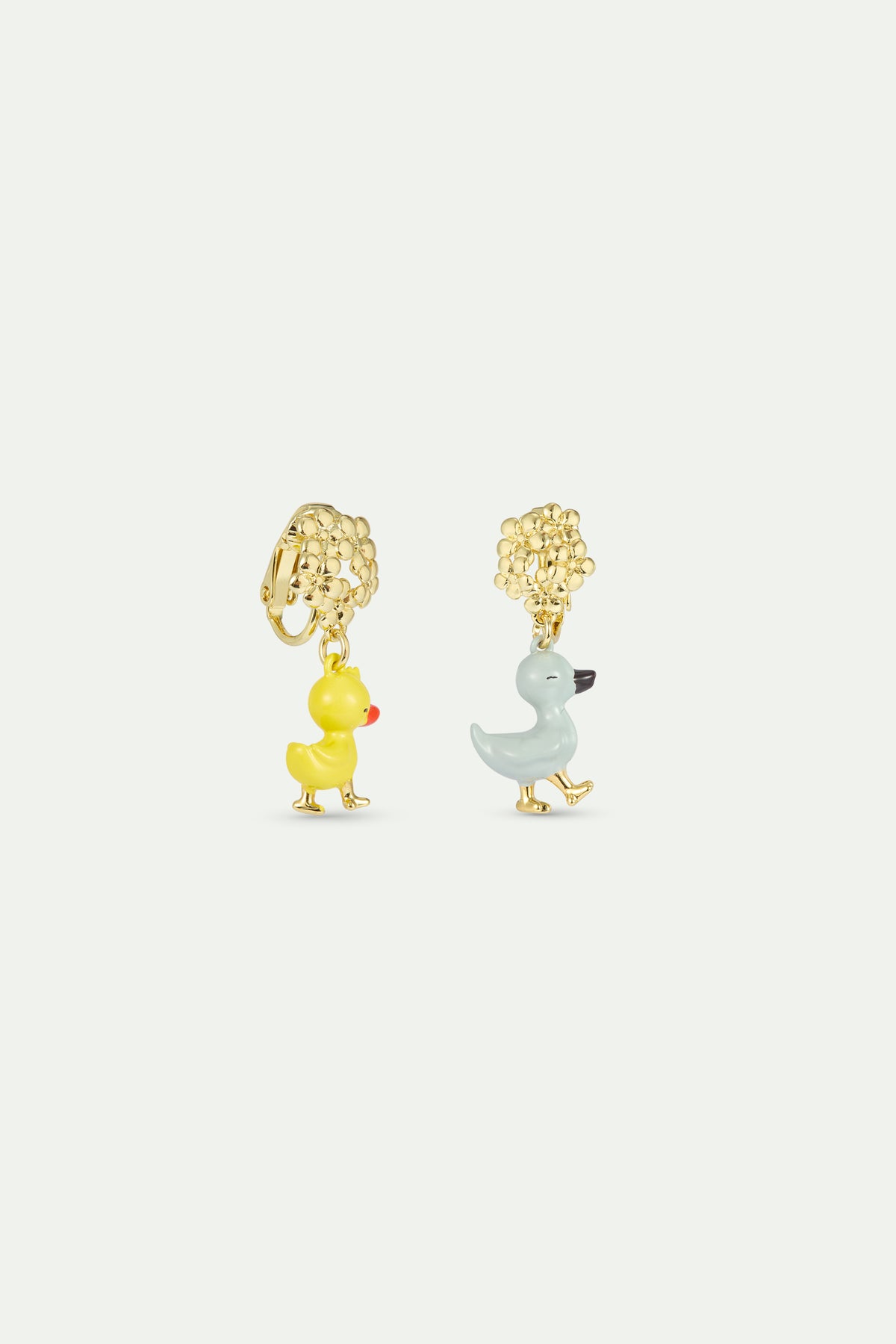 Boucles d'oreilles asymétriques Petit Canard jaune et bleu, fleurs dorées