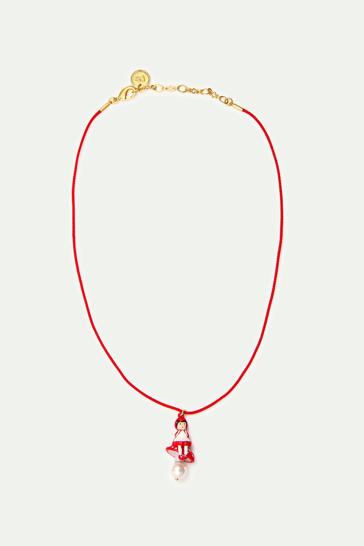 Red pendant necklace with Little Red Riding Hood, mushroom and imitation pearl