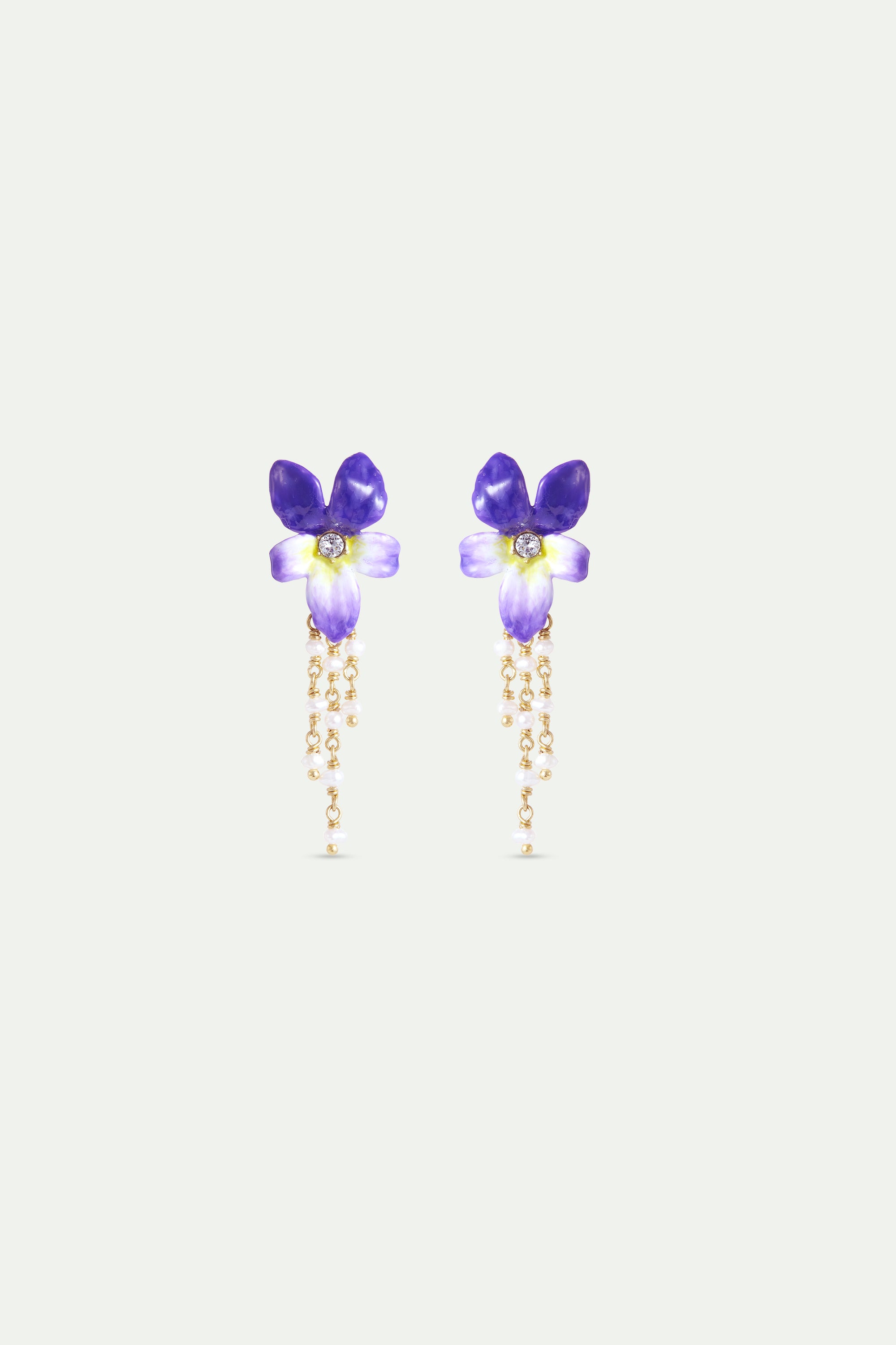 Boucles d'oreilles pendantes violette et perles de culture