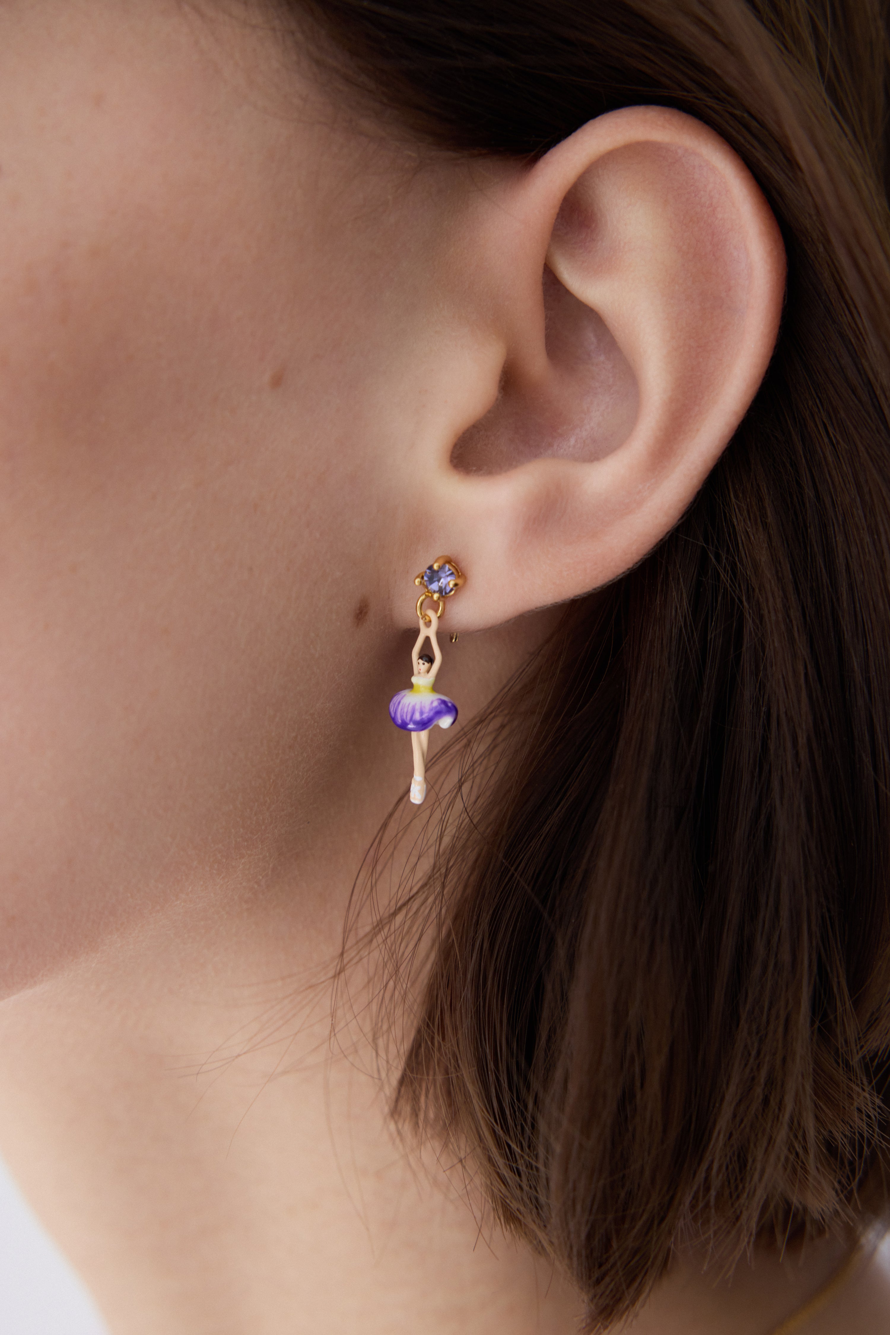 Boucles d'oreilles ballerine tutu violet et jaune et cristal violet