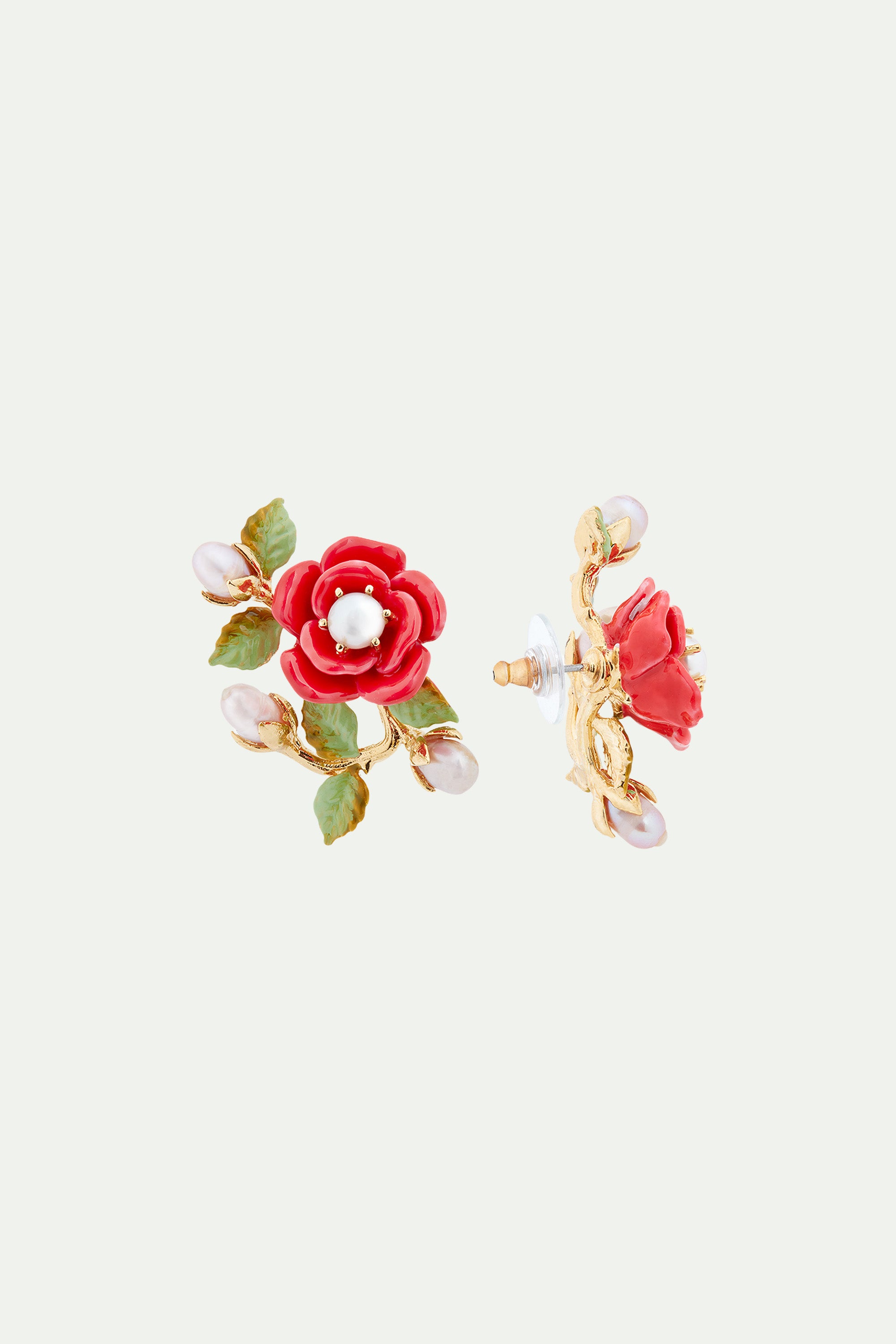 Boucles d'oreilles branche de rose et perles de culture