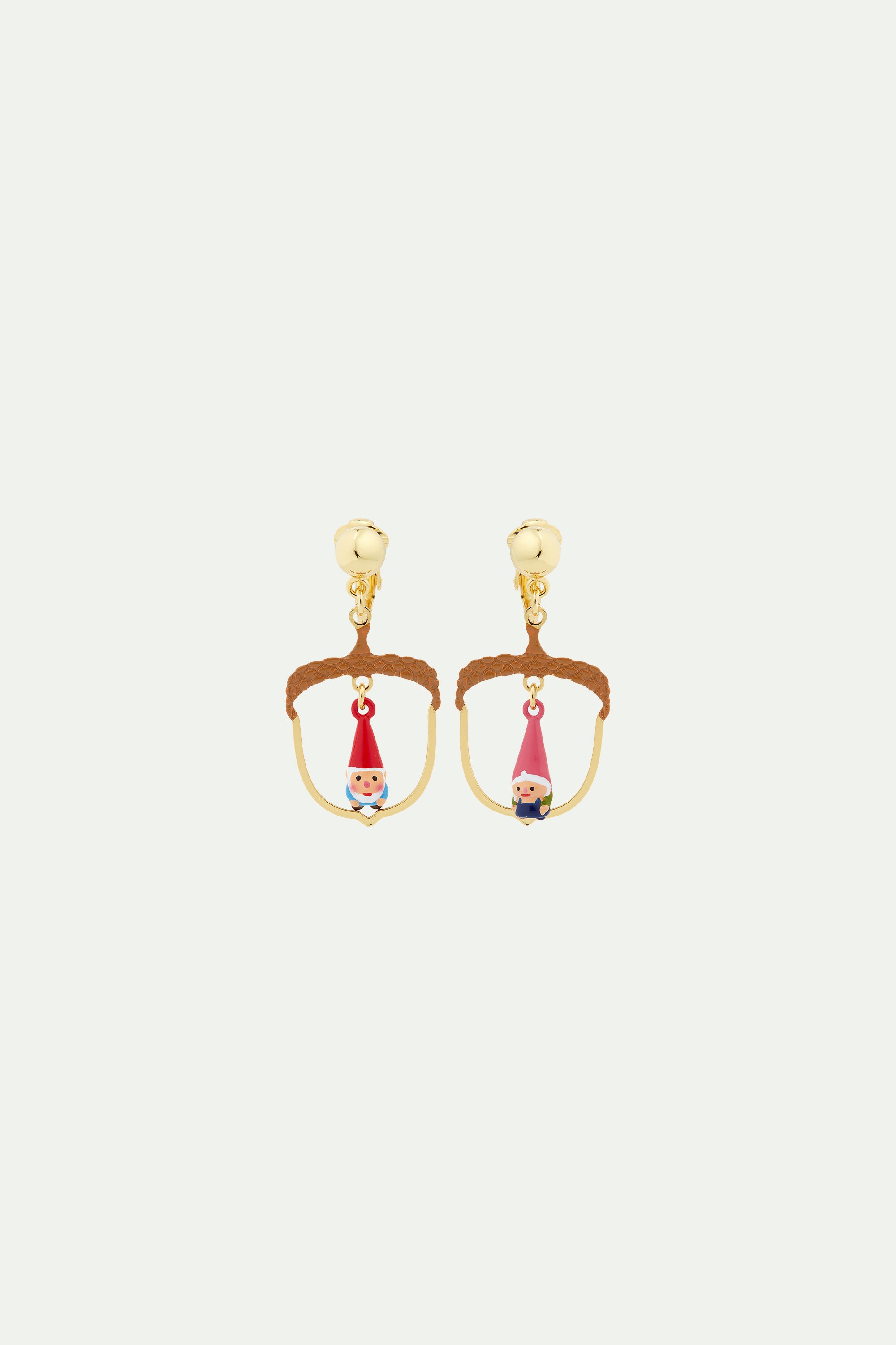 Hazelnut and garden gnome asymmetrical clip-on earrings