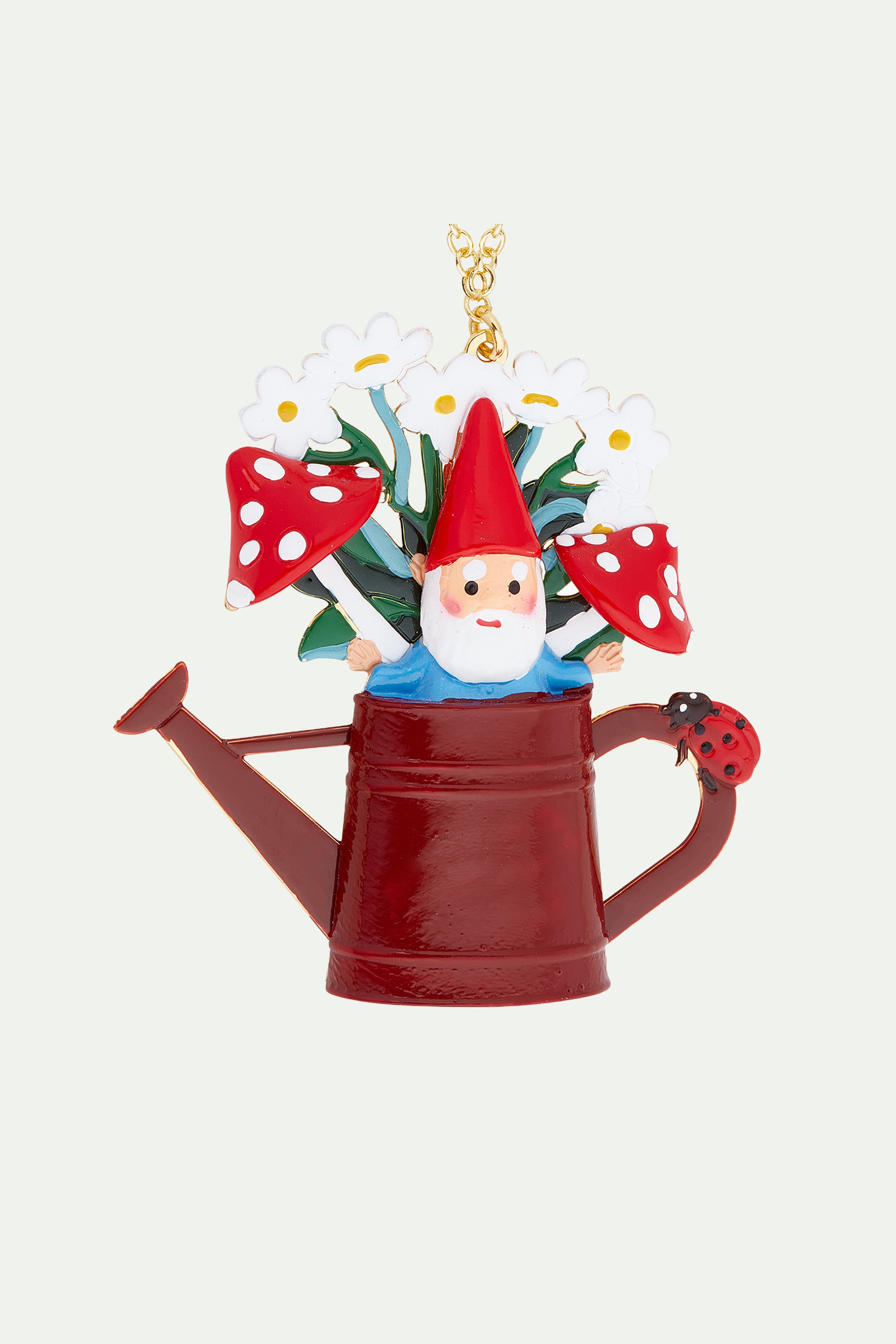 Garden gnome and watering can pendant necklace