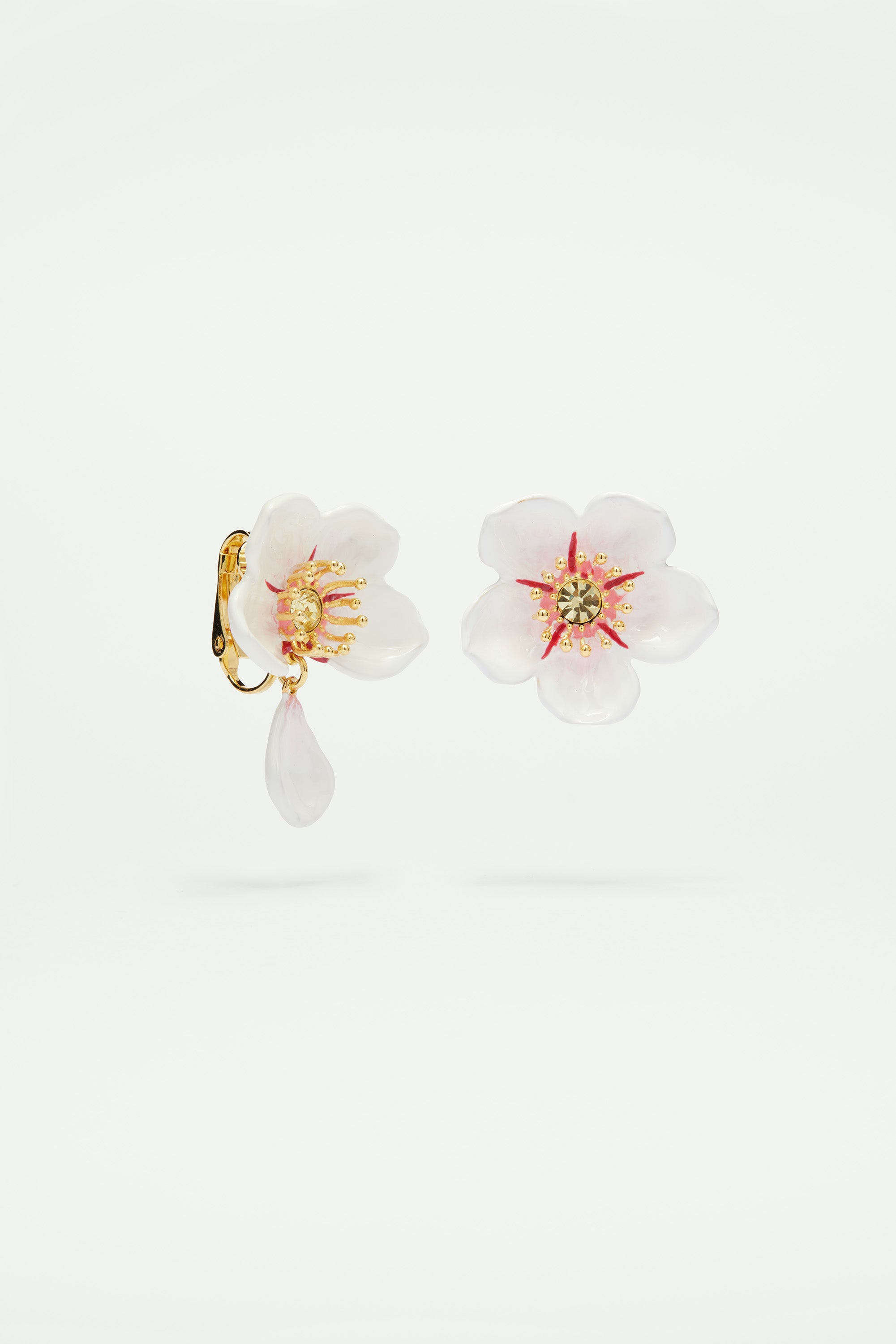 White cherry blossom dangling clip-on earrings