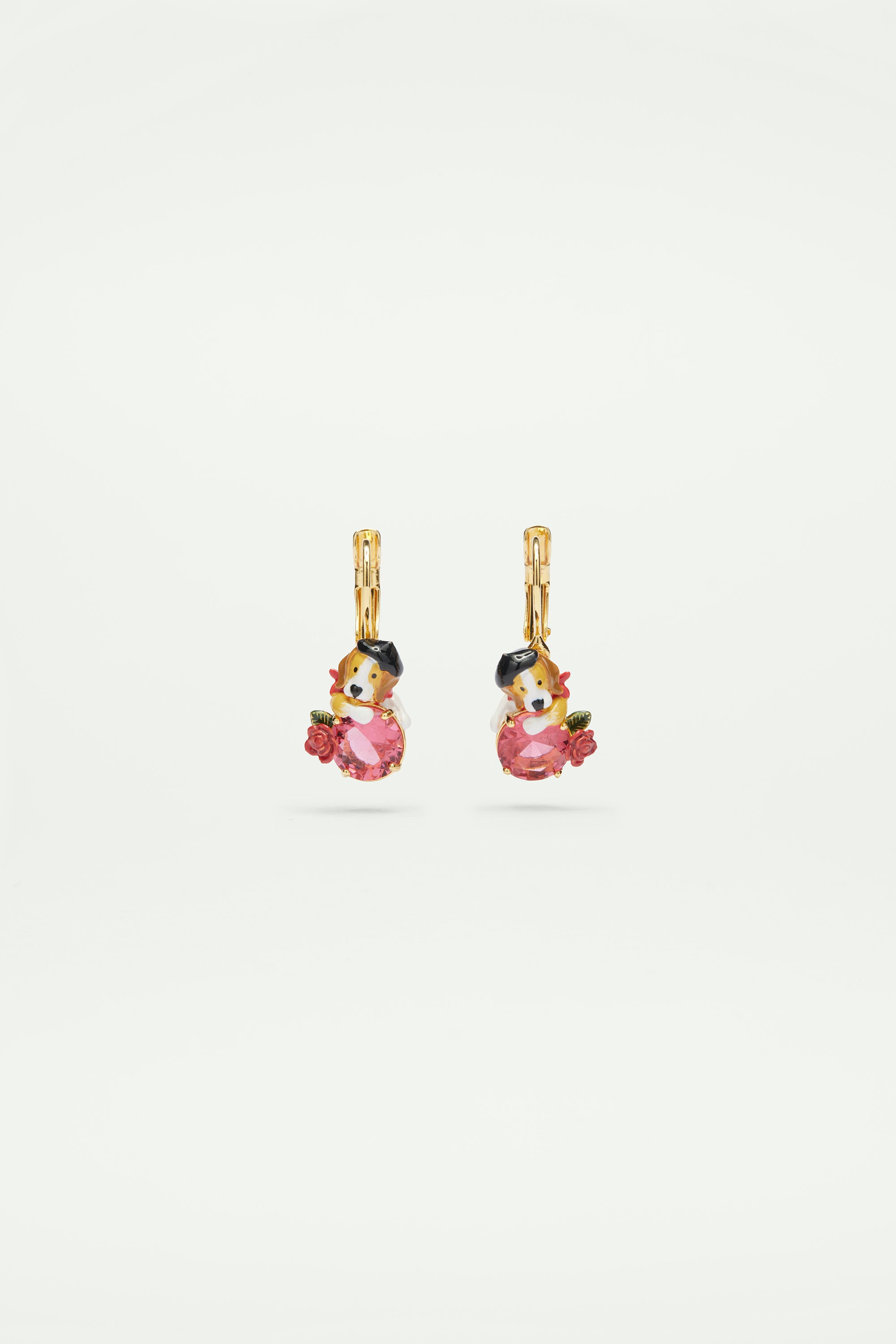 Boucles d'oreilles dormeuses beagle et pierre en verre taillé rose