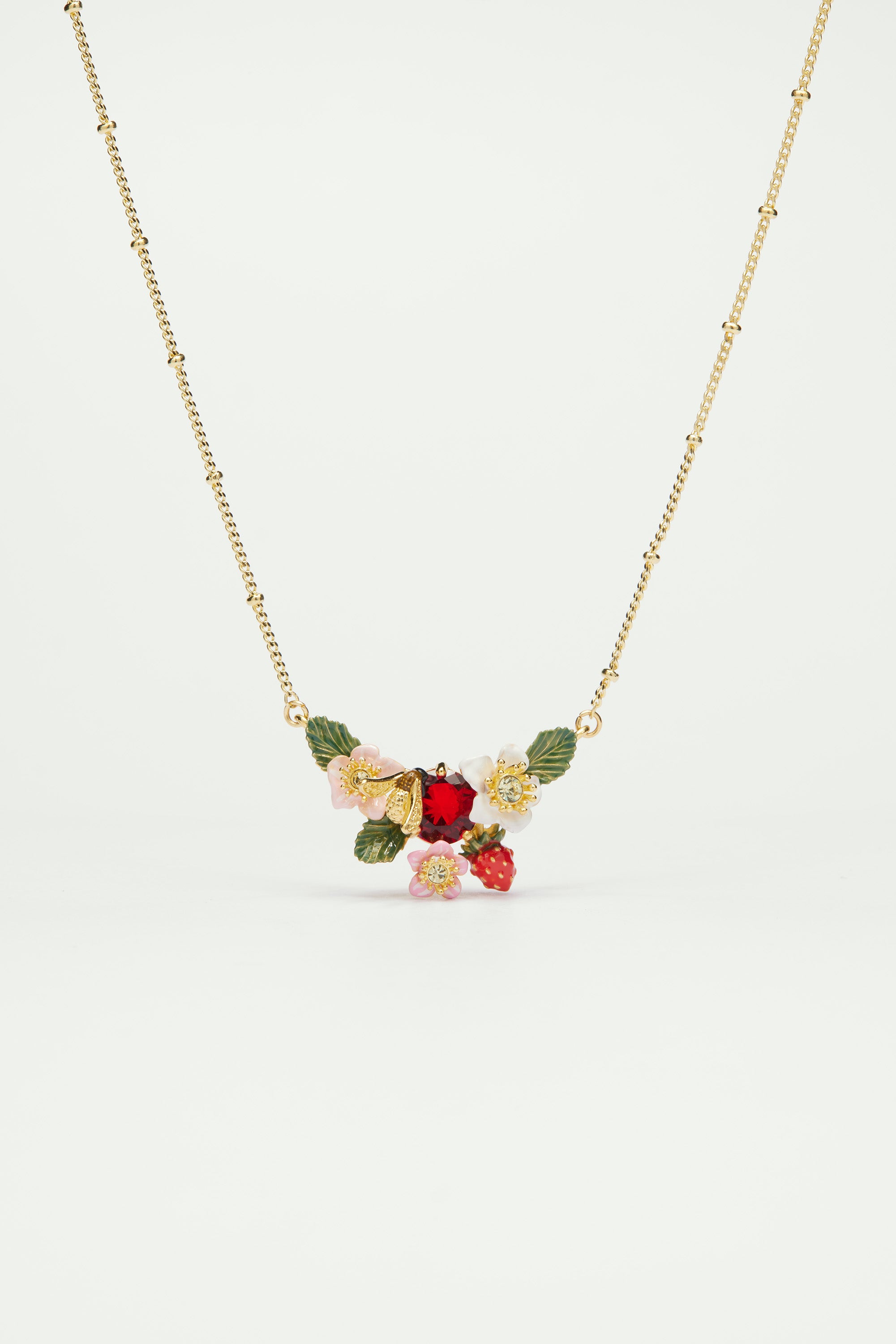 Wild strawberry, strawberry flower and bumblebee statement necklace