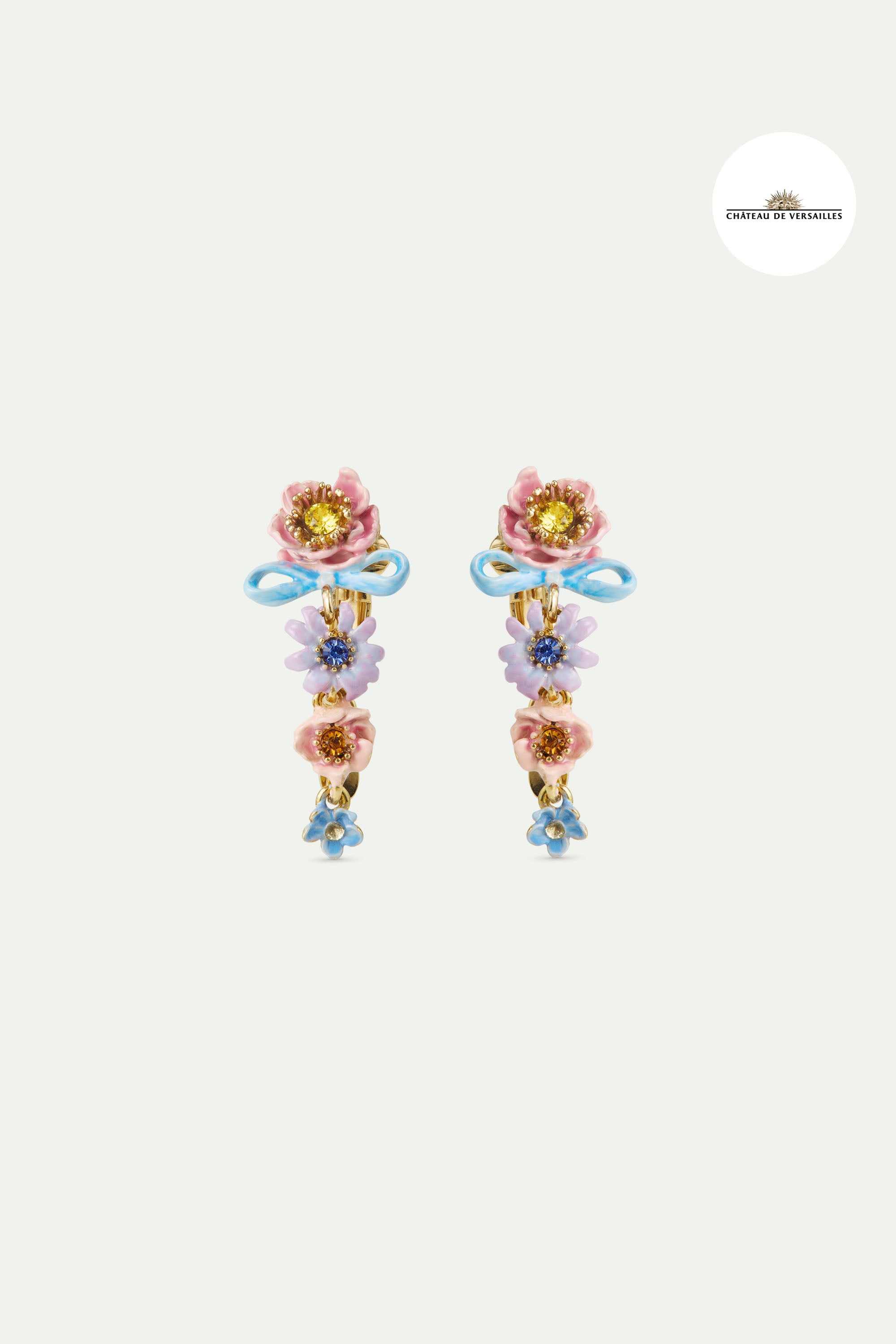 Boucles d'oreilles pendantes fleurs roses et bleues et ruban fin