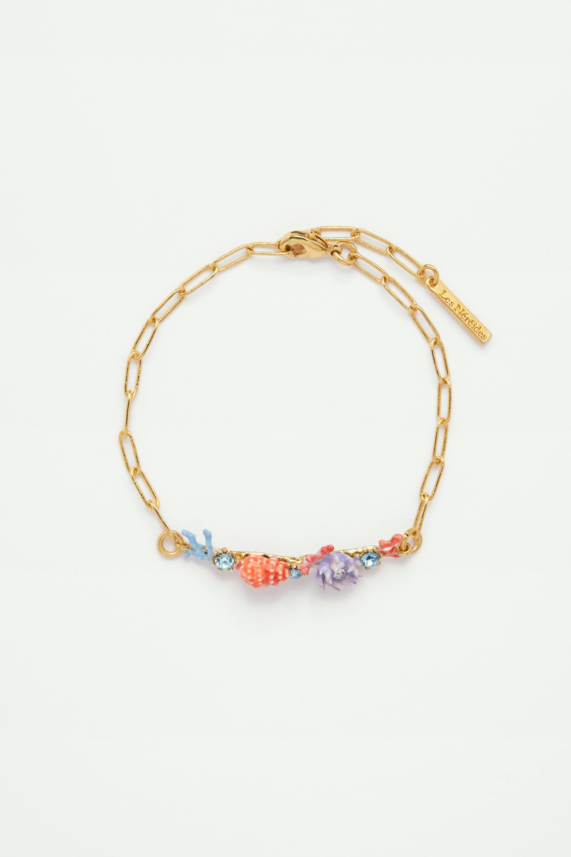 Bracelet fin coquillage, coraux, et pierre en verre taillé