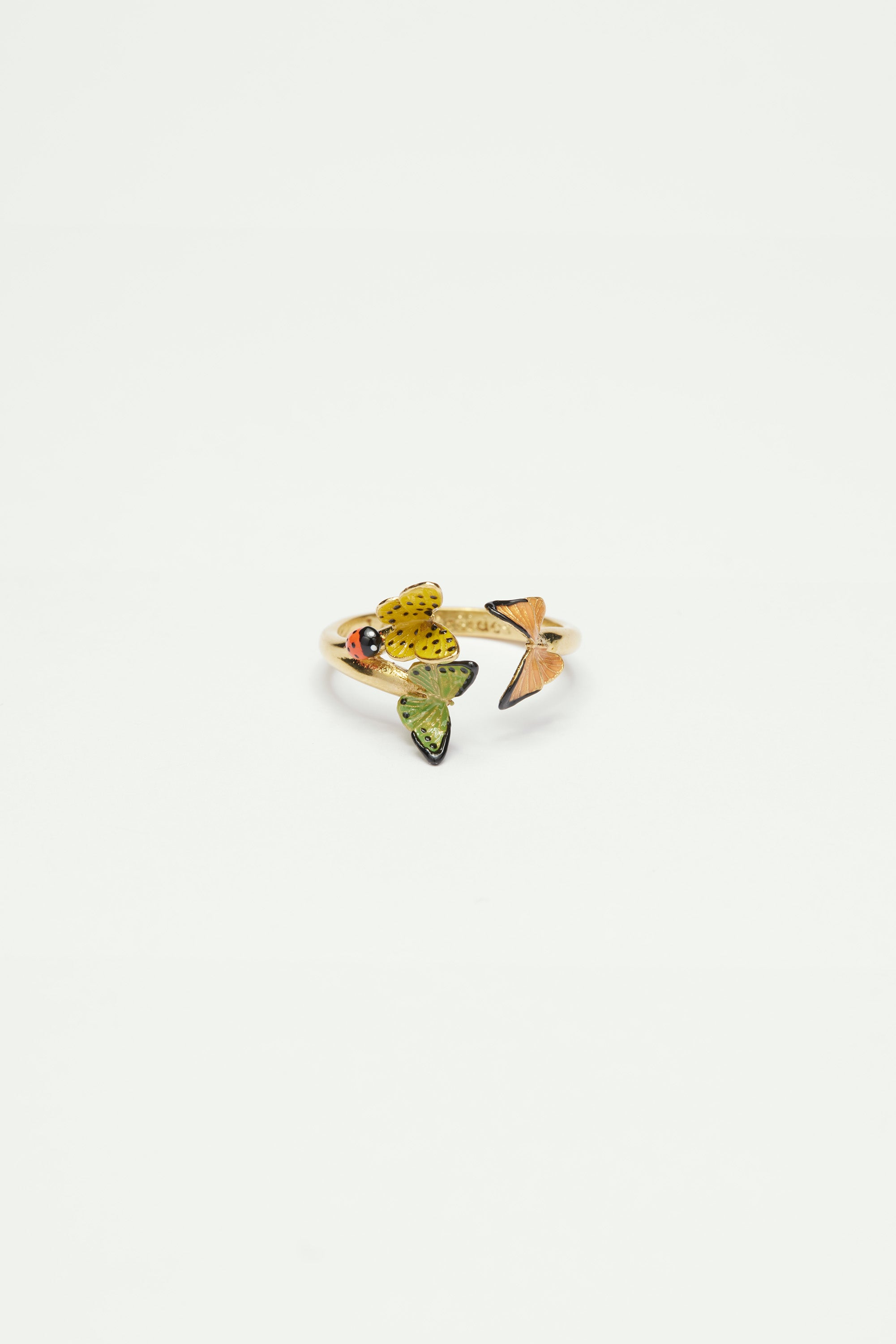 Colourful butterfly and enamelled ladybird adjustable ring
