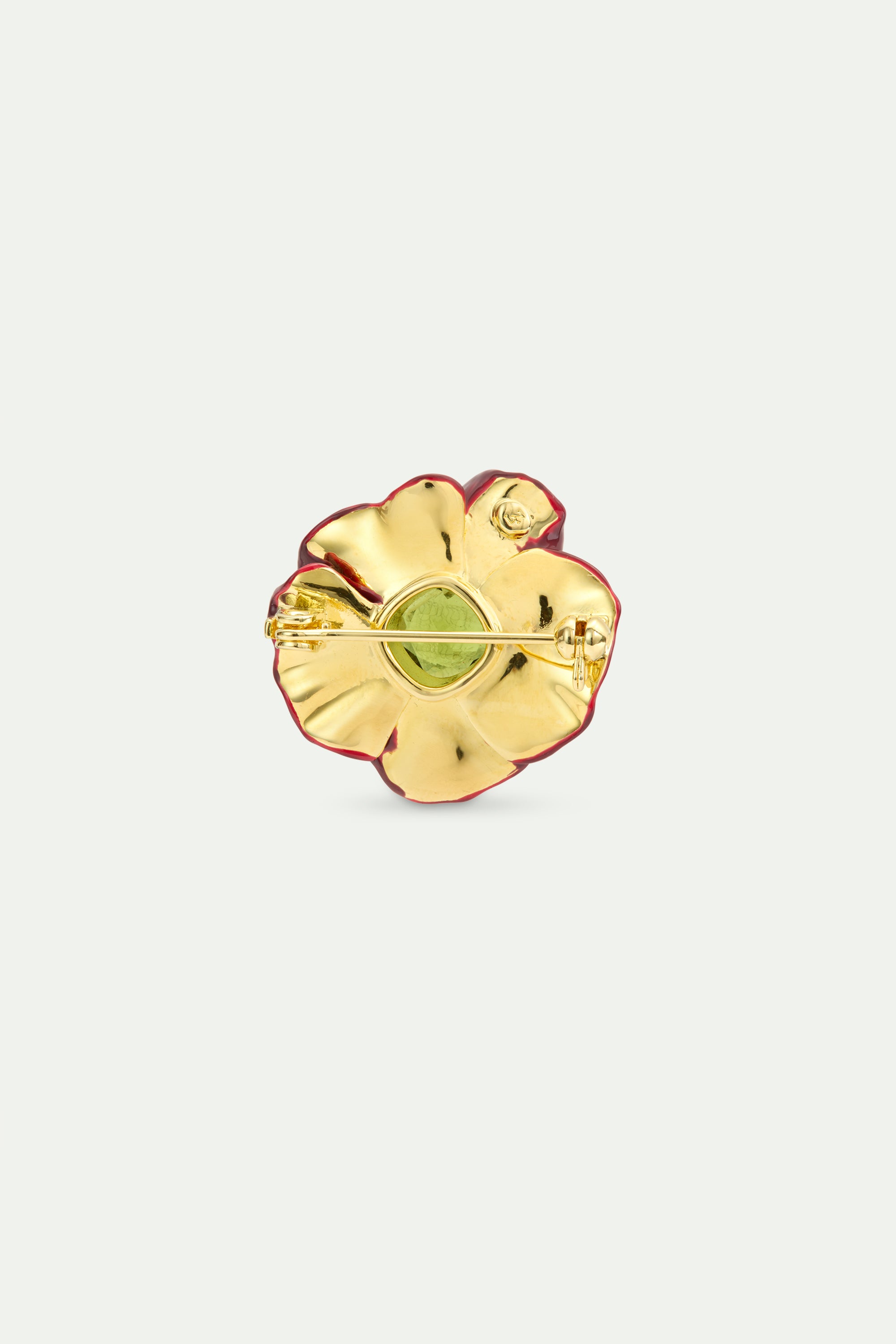 Broche flor de anémona burdeos y piedra facetada verde