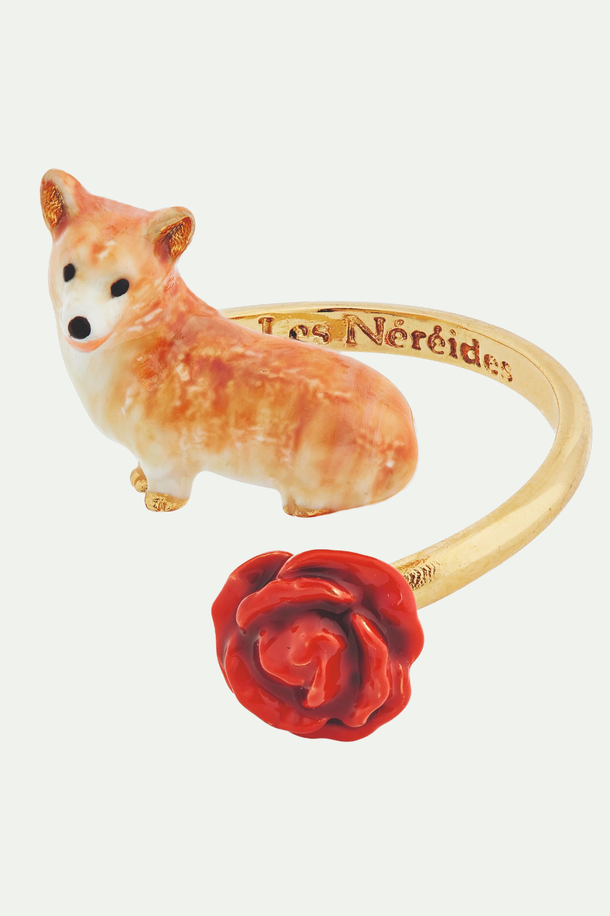 Corgi and red rose adjustable ring