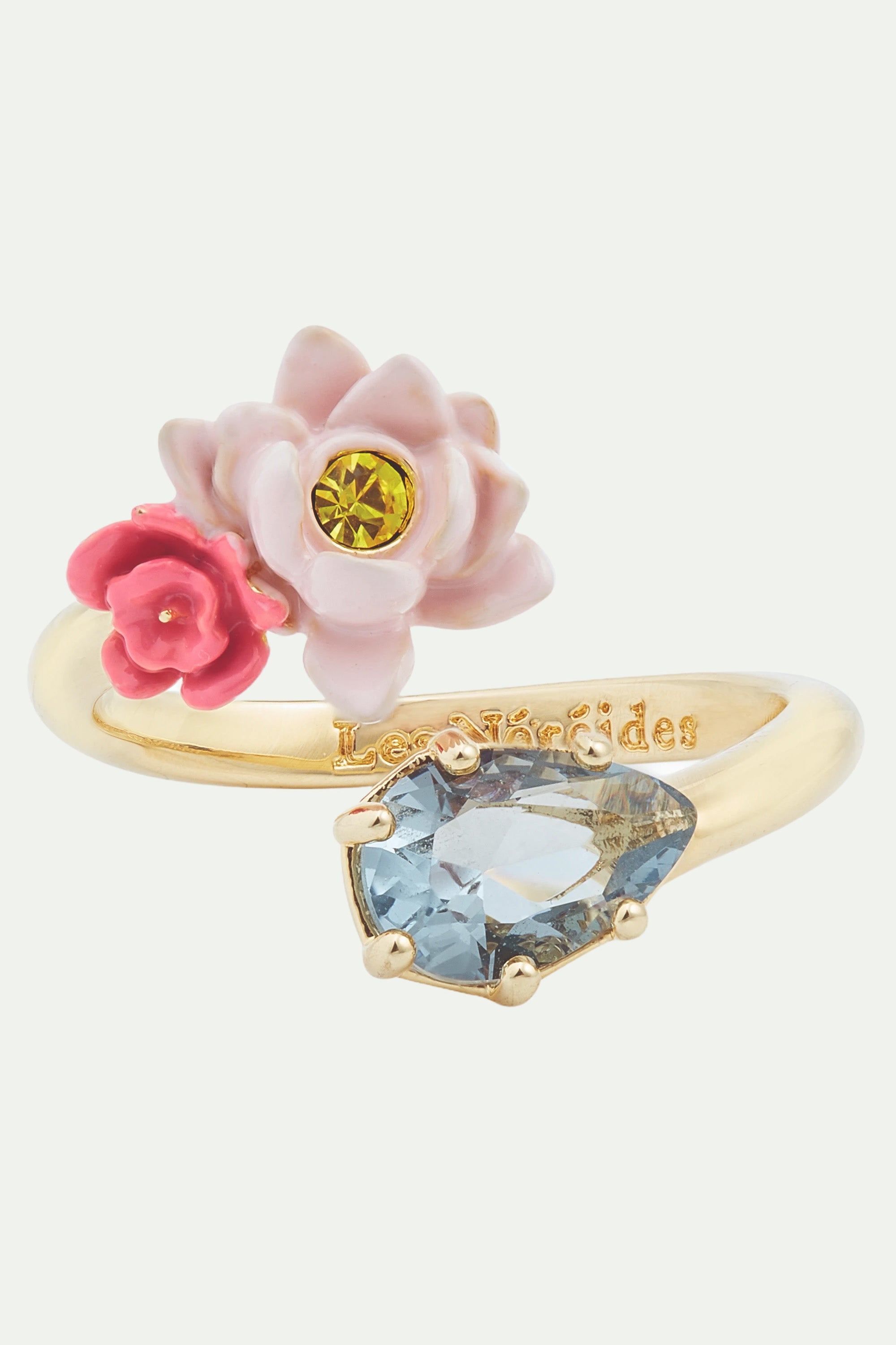 Bague ajustable lotus rose et pierre bleu clair