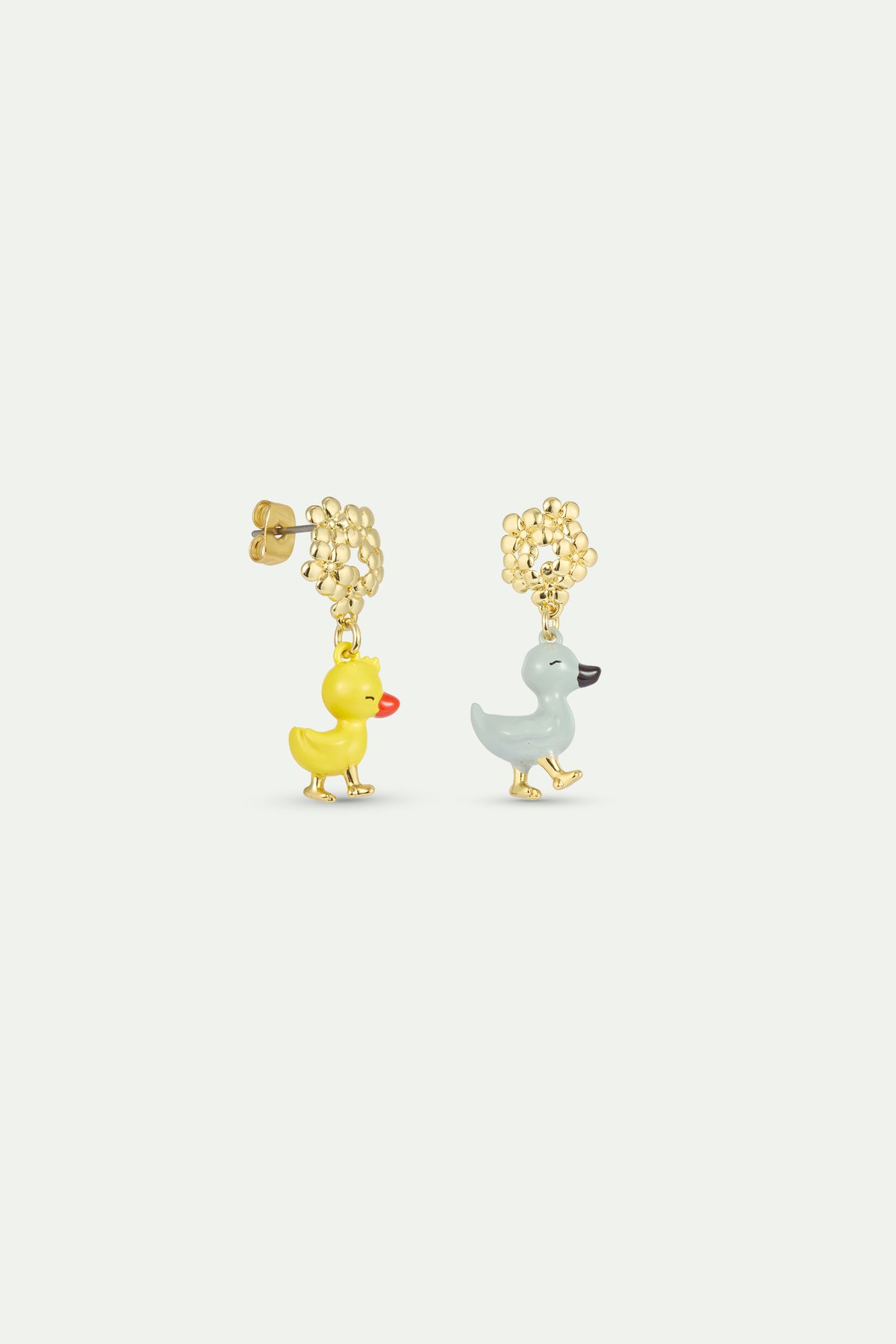 Boucles d'oreilles asymétriques Petit Canard jaune et bleu, fleurs dorées