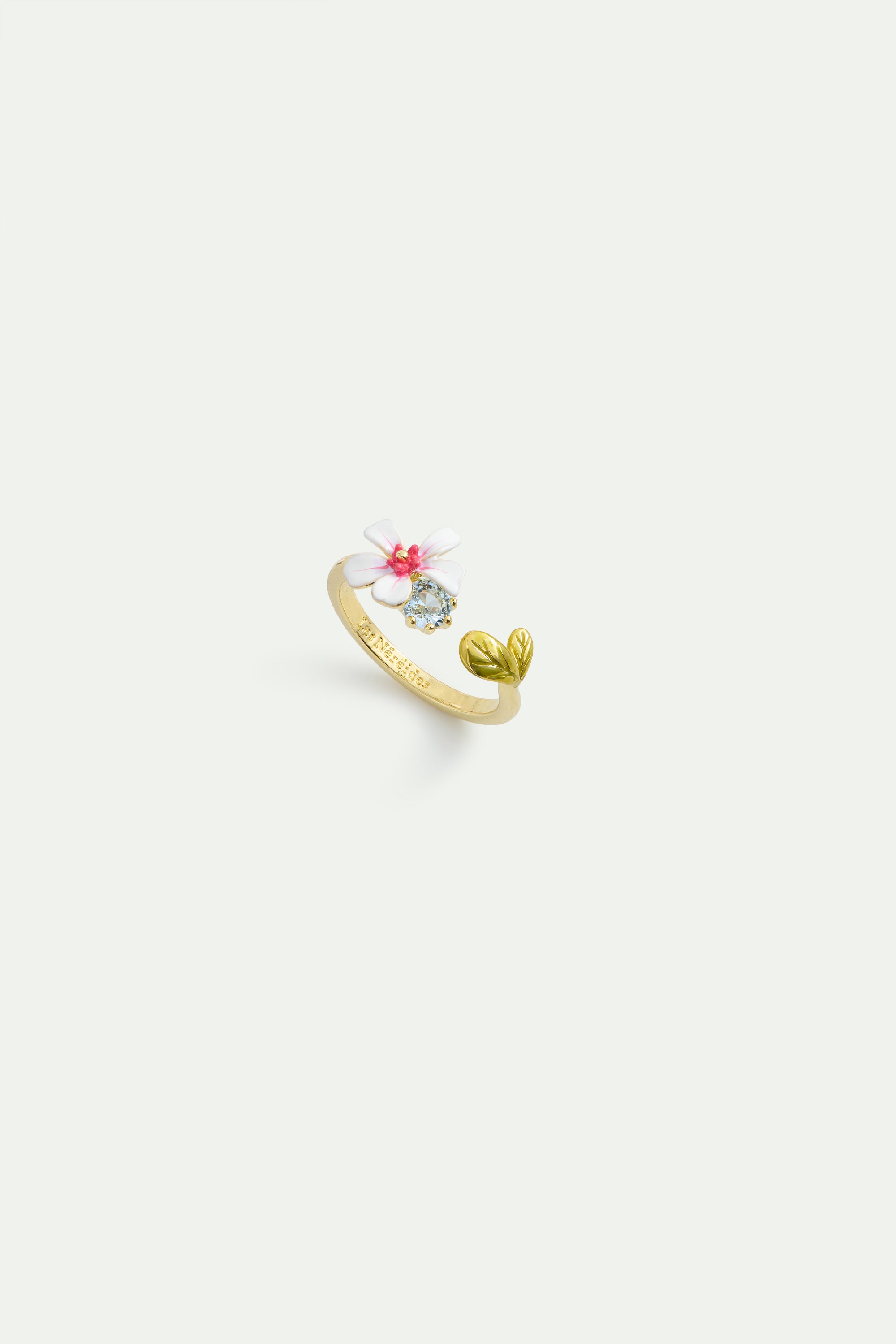 Bague ajustable aubépine blanche et rose et cristal bleu