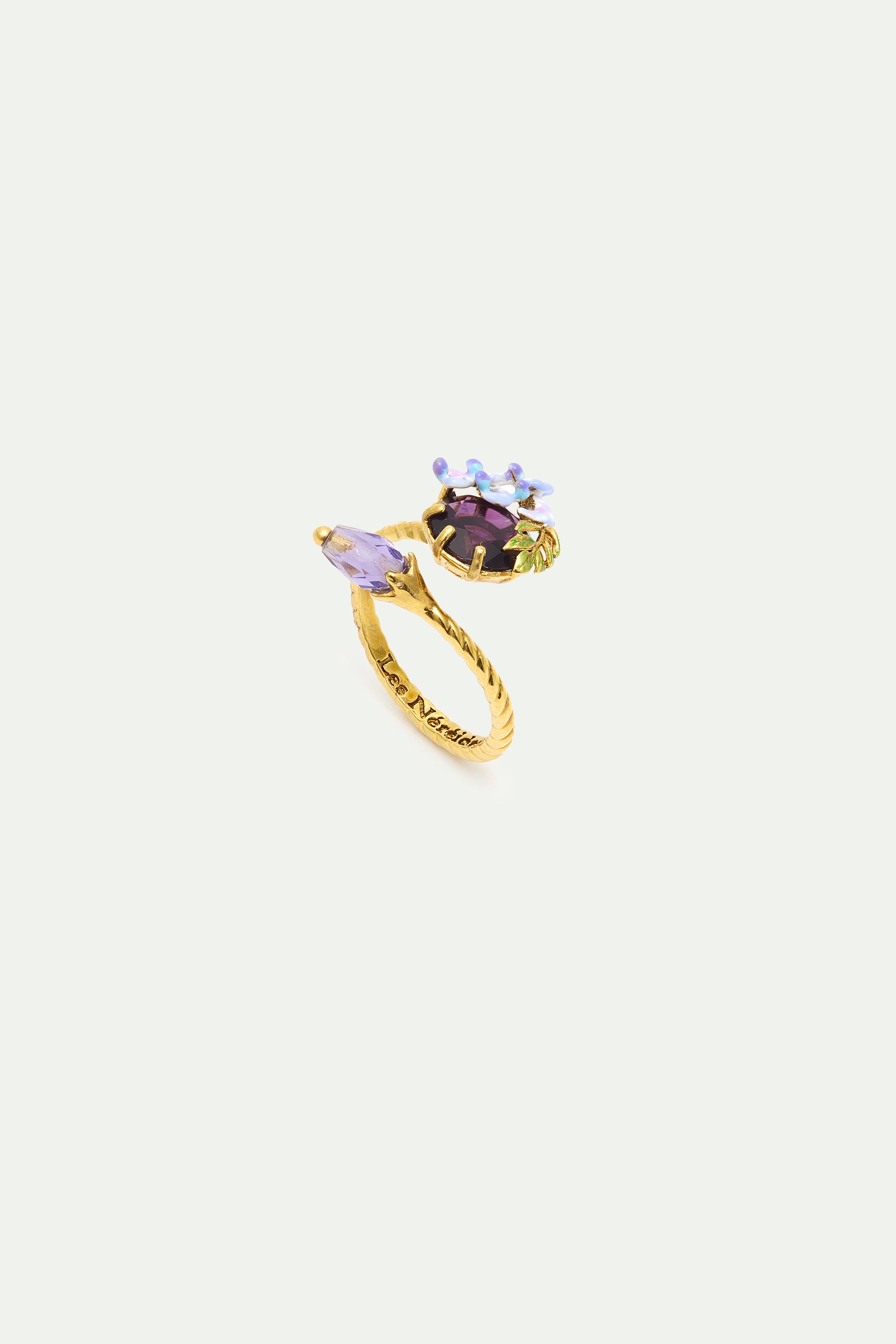 Bague ajustable pierre ronde, glycines et cristal violet