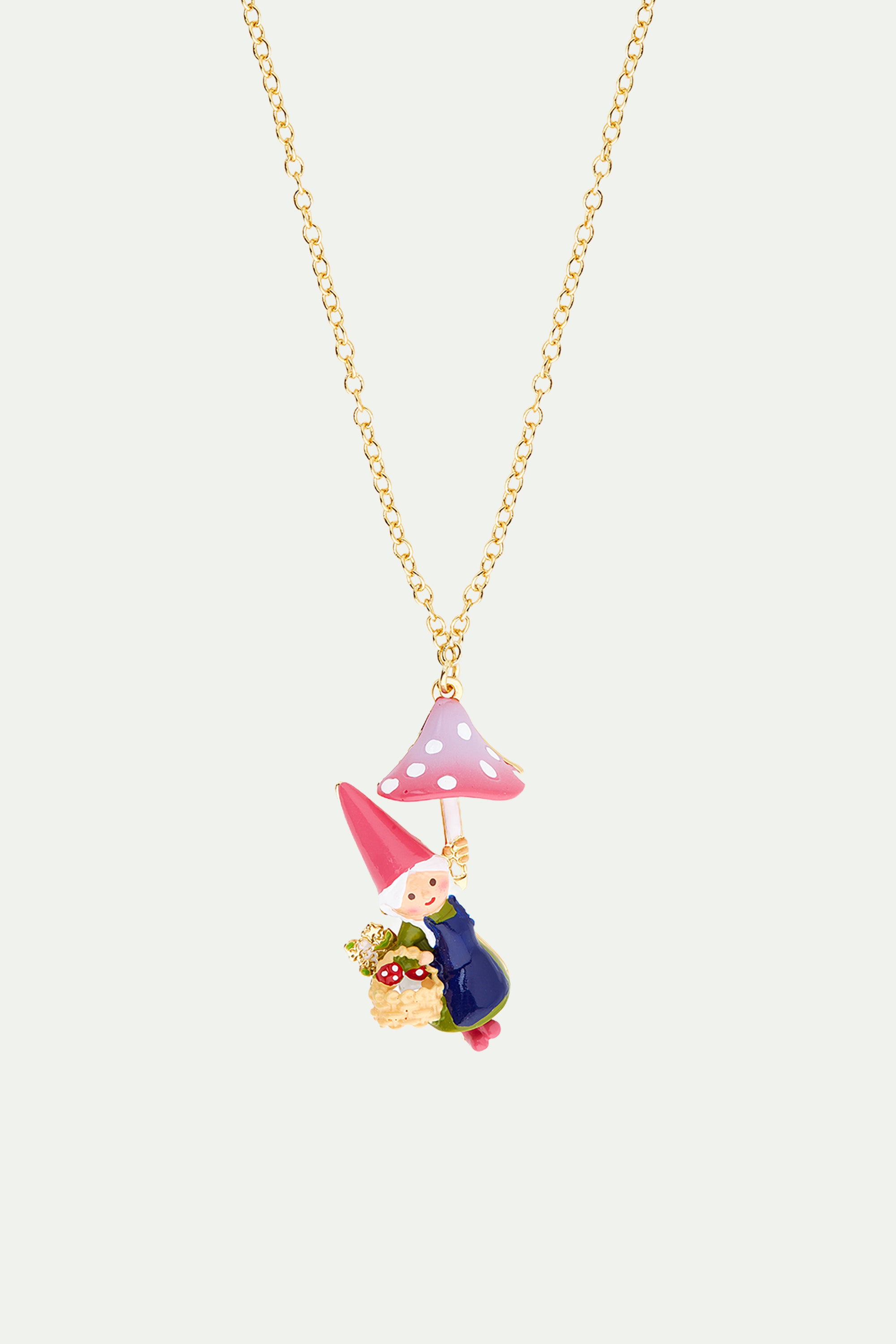 Garden gnome lady and mushroom picking pendant necklace