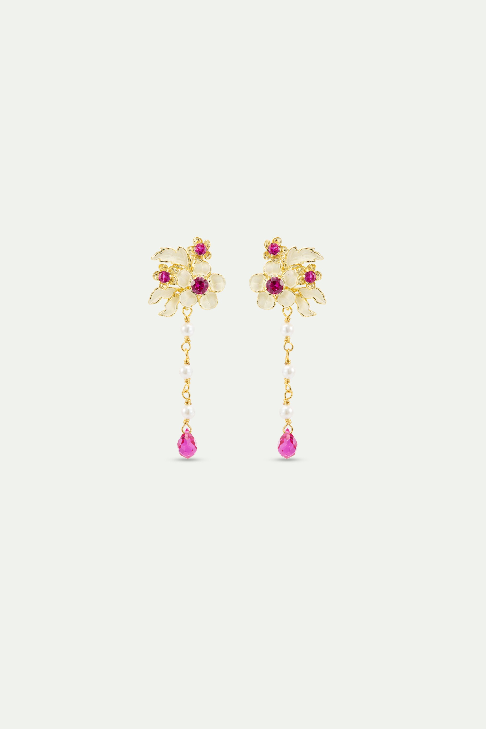 Boucles d'oreilles pendantes anémones dorées, cristaux roses et perles de culture
