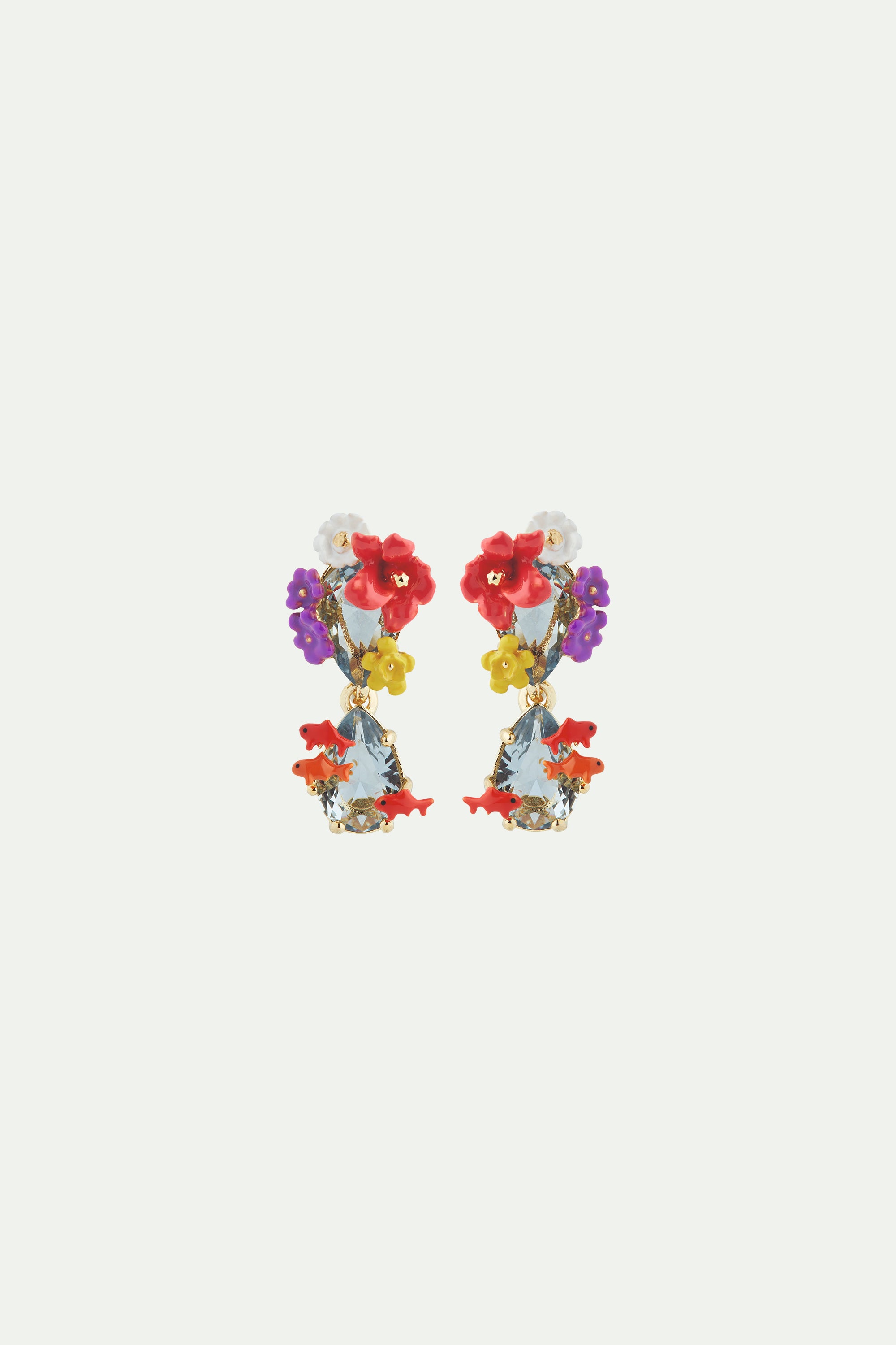 Boucles d'oreilles tiges double pierres, fleurs et carpes koï