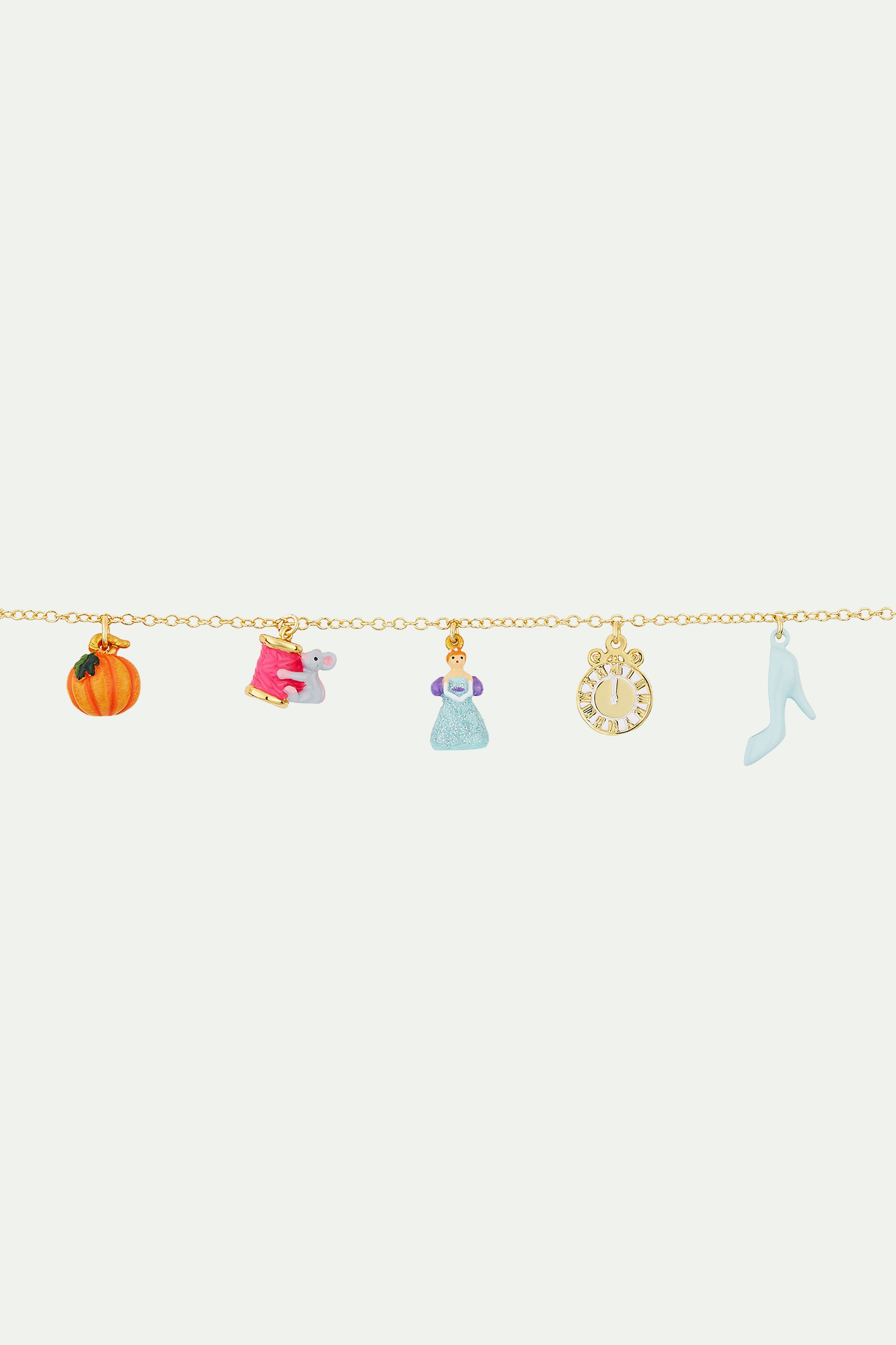 Bracelet charm's citrouille, bobine de fil et souris, cendrillon, horloge et soulier