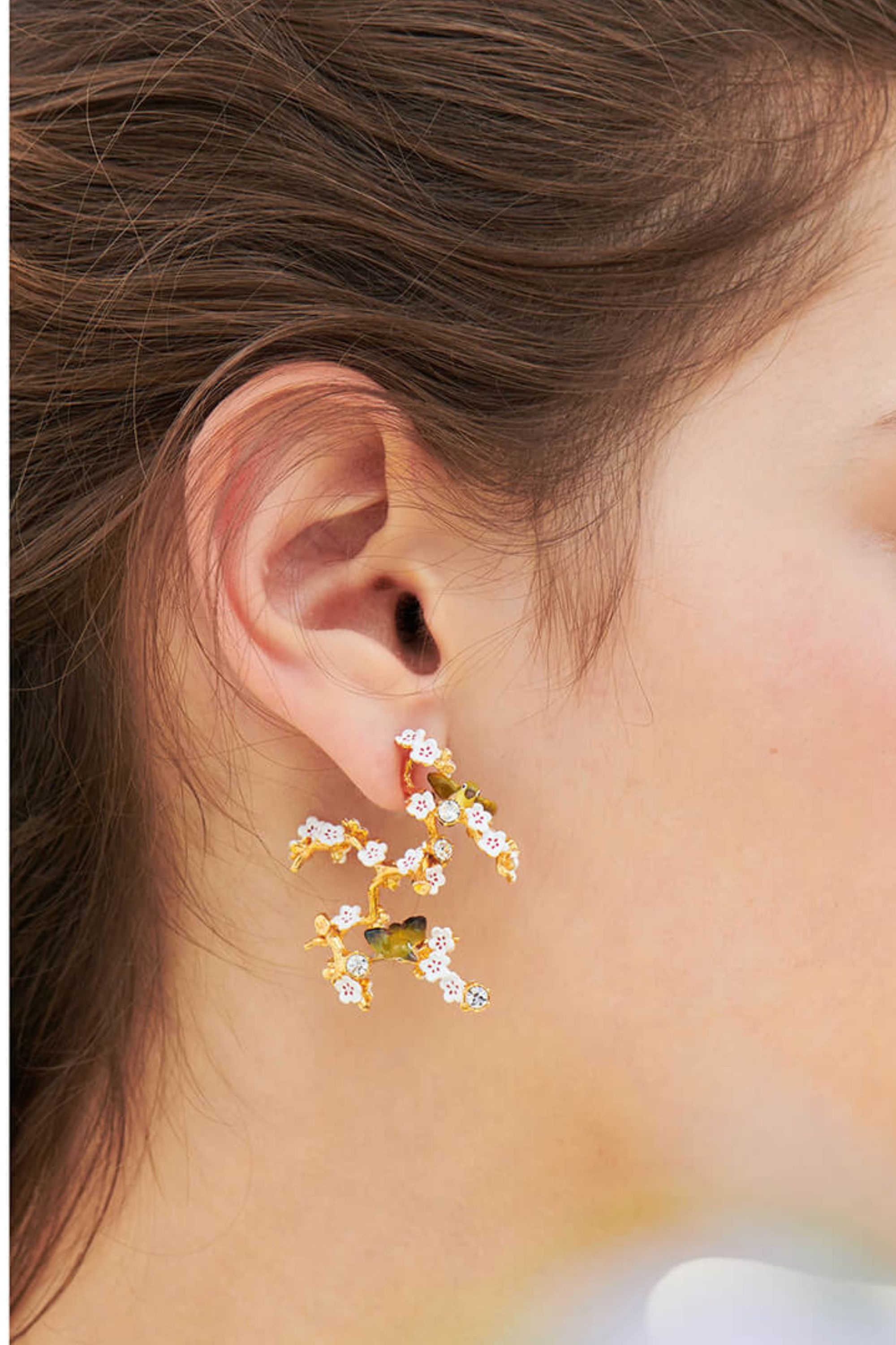 Boucles d'oreilles tiges branche de cerisier, oiseaux et cristaux