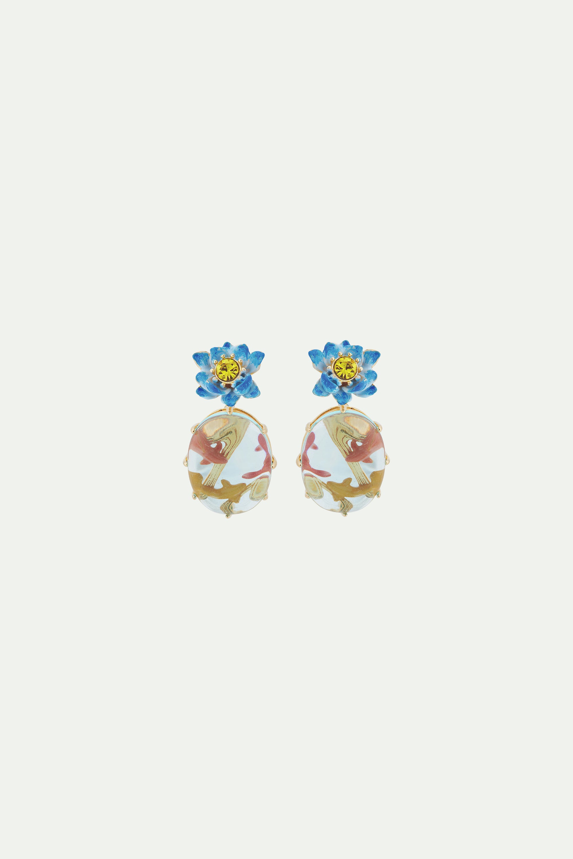 Boucles d'oreilles tiges lotus bleu, verre ovale et carpes koï